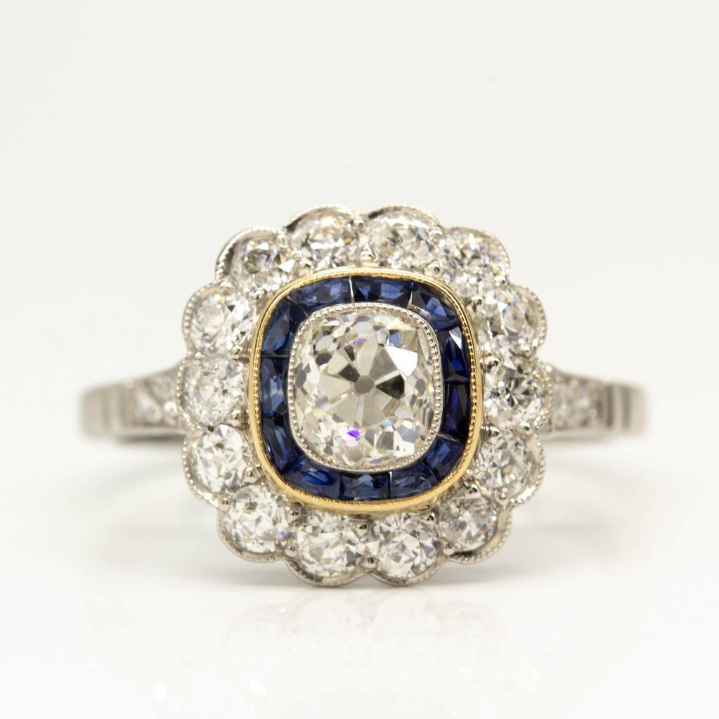 Art Deco Inspired Platinum Diamond and French cut Sapphire Ring (1 of 8)