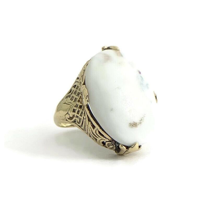 Antique Arts and Crafts 1910 Oval White Scolecite Ring 14K Yellow Gold, 4.90 Gr (1 of 12)