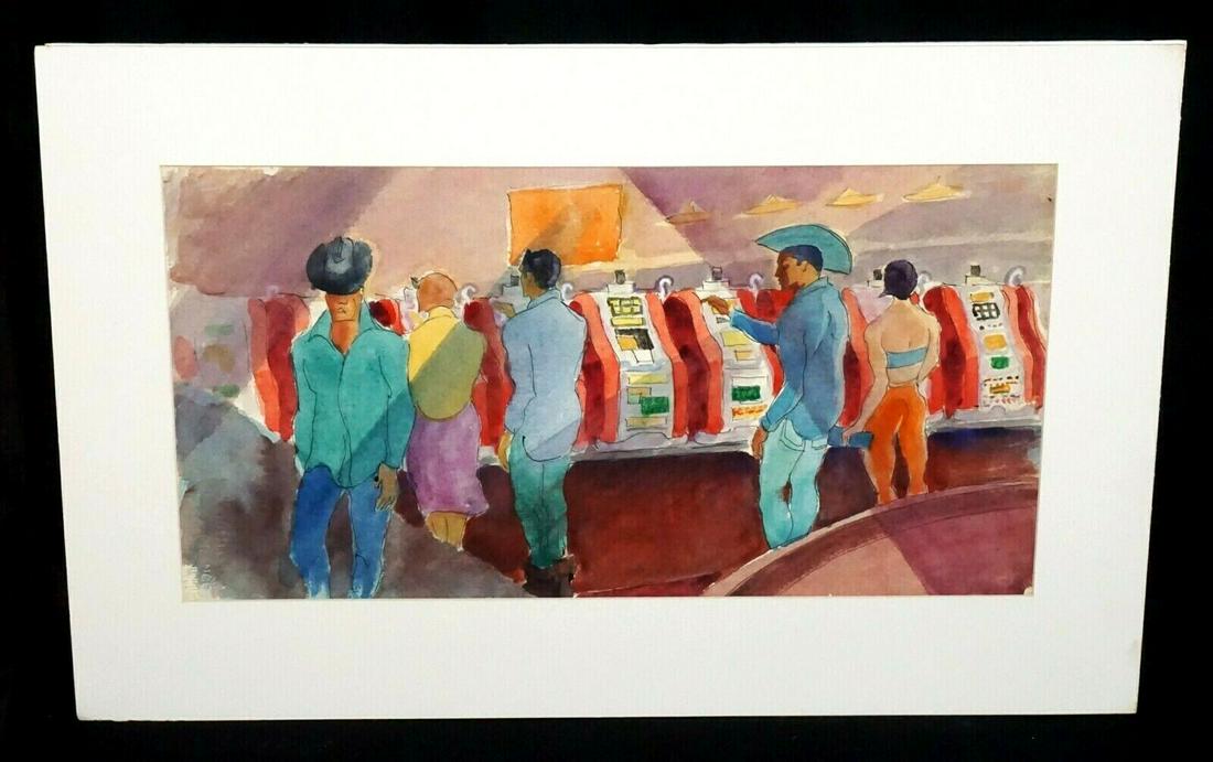 50s Nevada WC Painting "Casino & Slots" by Robert Lee Eskridge (1891-1975)(BeG): Up for sale from a recent estate in Honolulu Hawaii, this circa 1950s Nevada original watercolor painting that is untitled but is know as a Nevada casino scene with figures playing slots that was crea