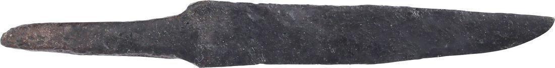 VIKING POCKET OR POUCH KNIFE, 11th C. AD: Vikings evolved multiple fighting techniques depending on circumstances. The sword and ax served on the battlefield. When raiding, they employed brutal hand-to-hand techniques which included throat-sl