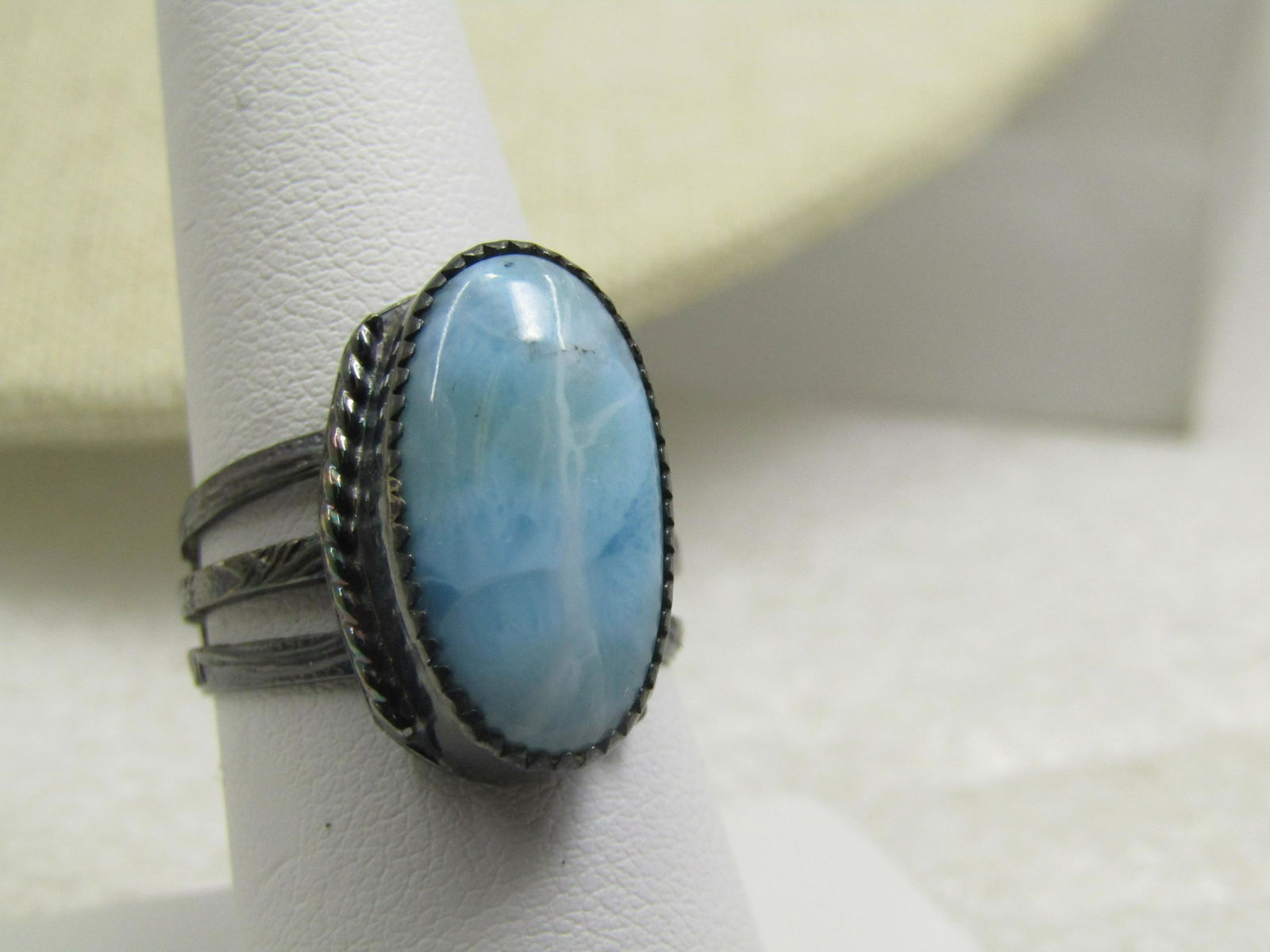 Vintage Sterling Larimar Ring, Sz. 9, Decoratibe Wide Band (1 of 8)