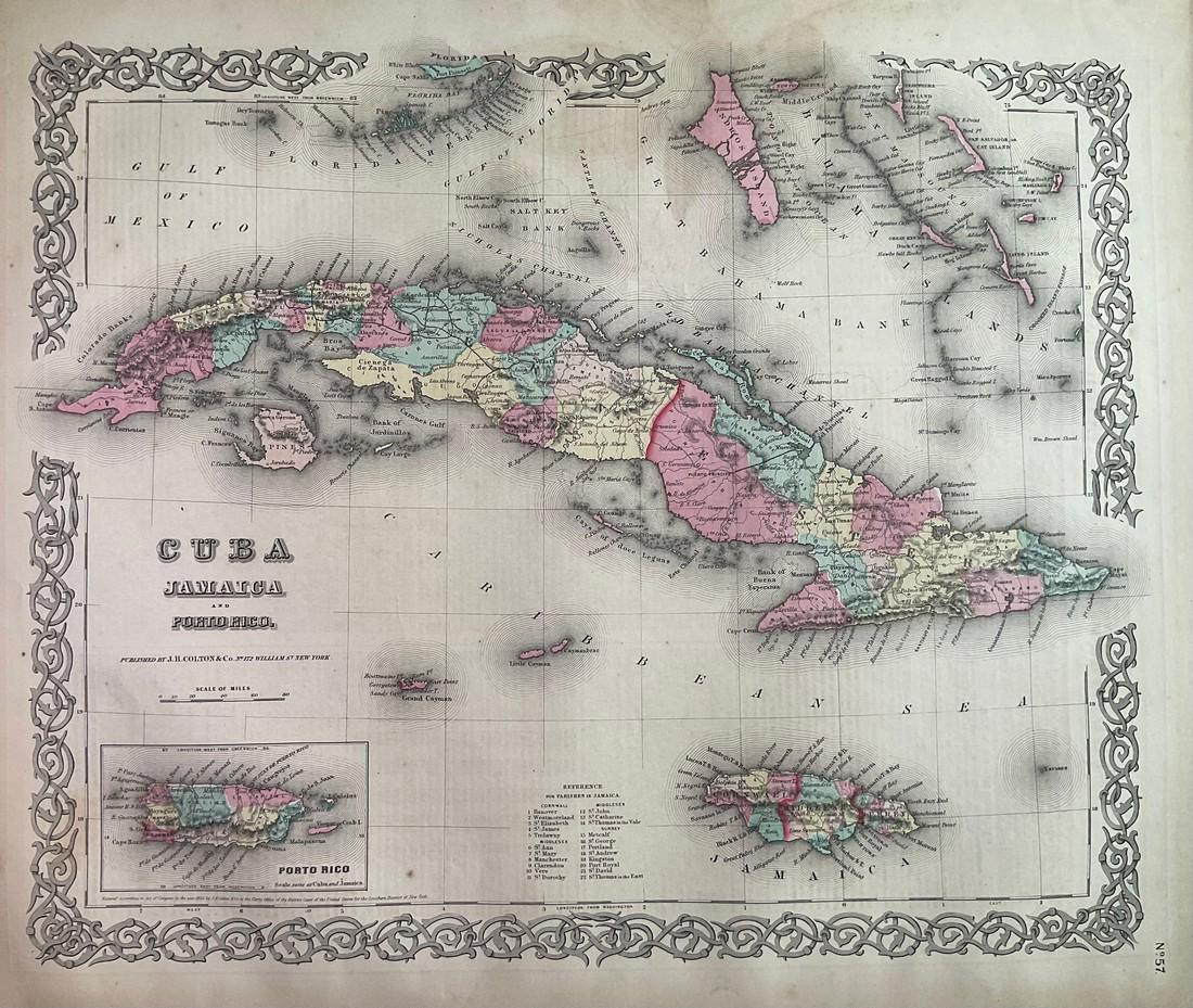 1859 Cuba, Jamaica and Puerto Rico. By Colton: Title: 1859 Cuba, Jamaica and Puerto Rico. By Colton Date/Period: 1859 Materials: Hand colored steering engraved Size: 17 1/2 x 14 1/2” Cuba, Jamaica, and insert of Puerto Rico. 1859. By J. H. C