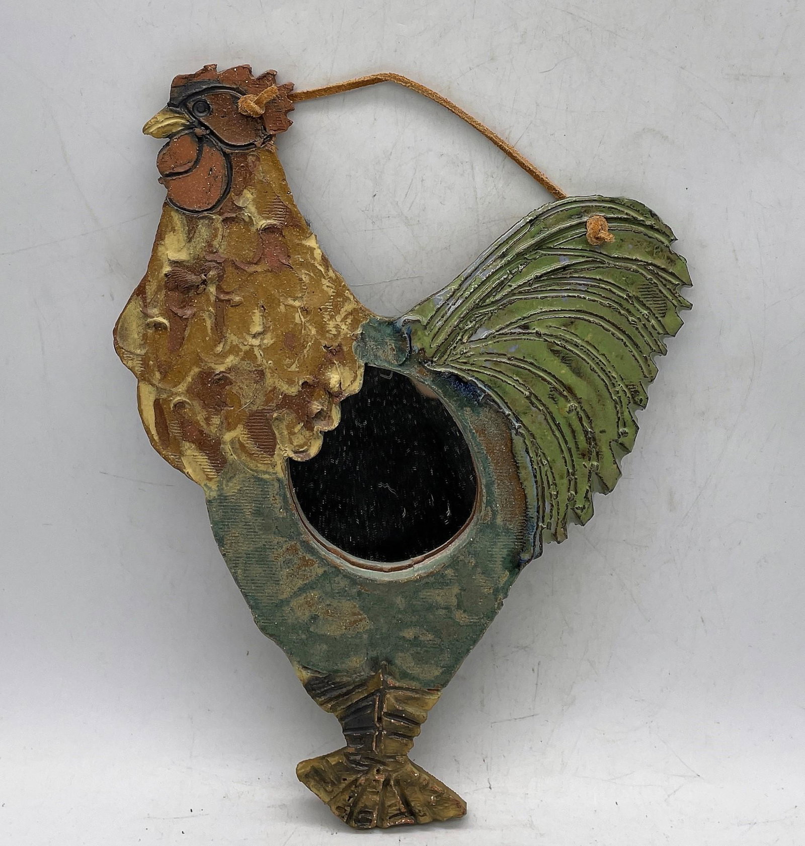 Primitive Artist Signed Folk Art Redware Rooster Hanging Mirror (1 of 8)