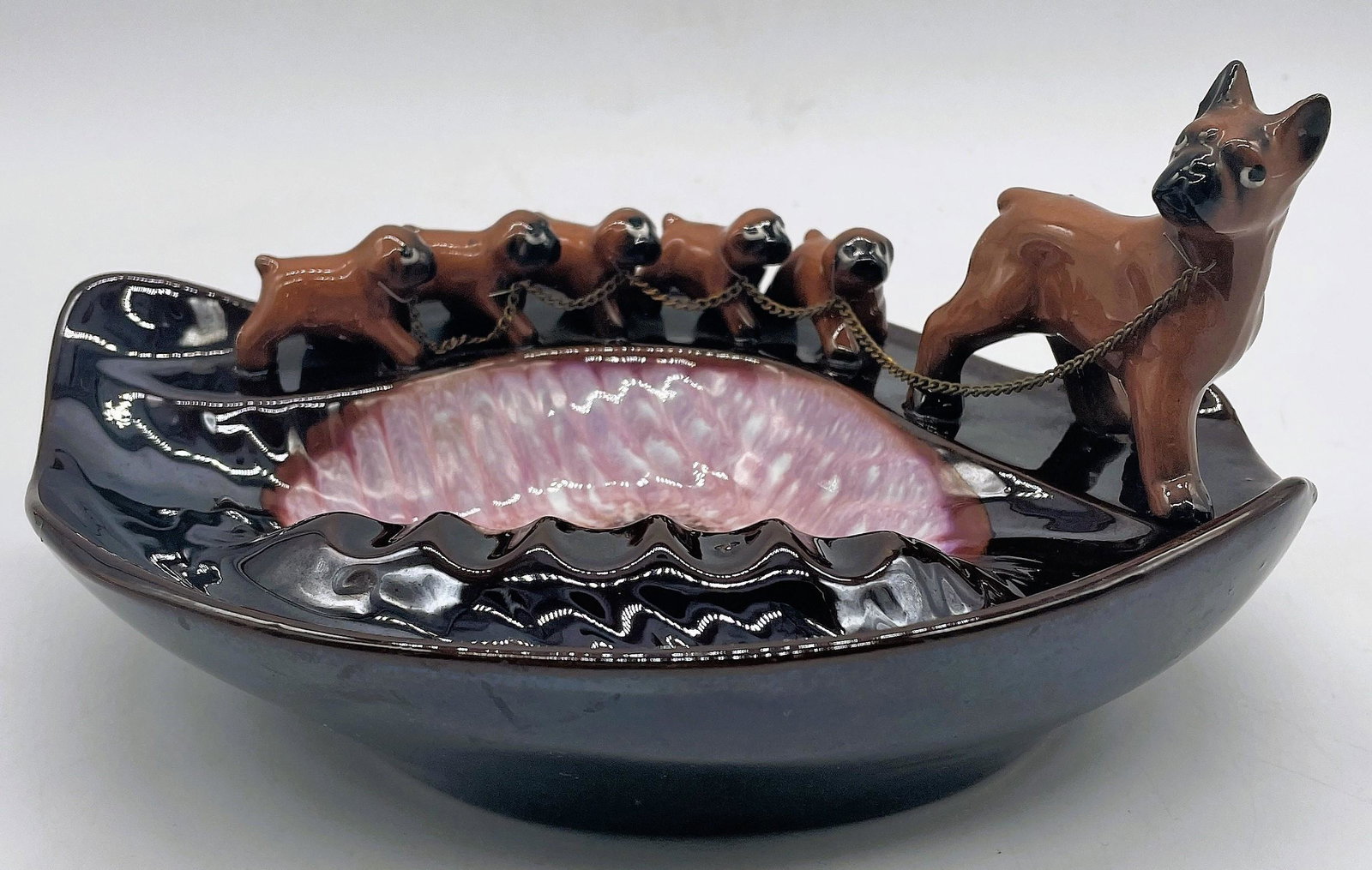 VINTAGE TILSO RETRO ASHTRAY PInk AND BROWN BOXER DOG AND PUPPIES JAPAN (1 of 9)