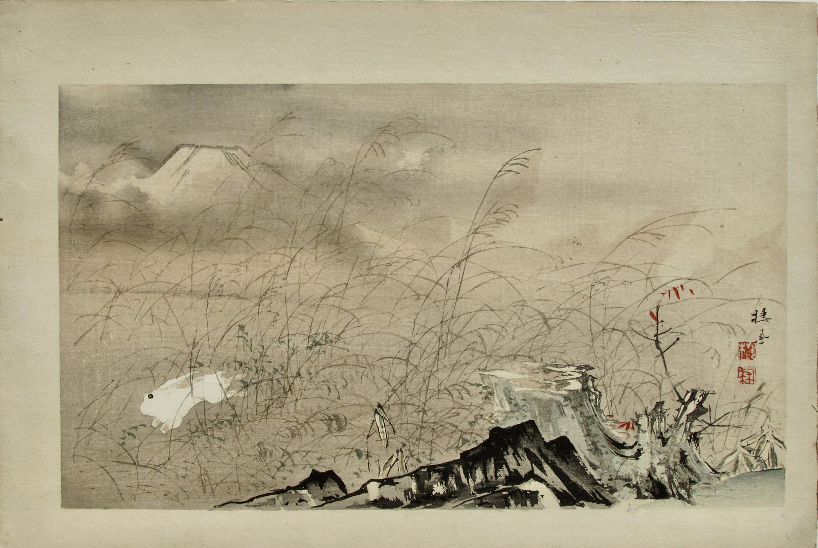 Takeuchi Seihô: Jumping Rabbit in the Moor: Artist: Takeuchi SEIHO (1864-1942) Subject: Jumping Rabbit in the Moor Series: Seihô Jû-ni Fuji Publisher: Naosaburô Yamada and Tanaka Jihei Carver: Tanaka Jirôkichi Printer: Yamazaki Yasutaro Sig