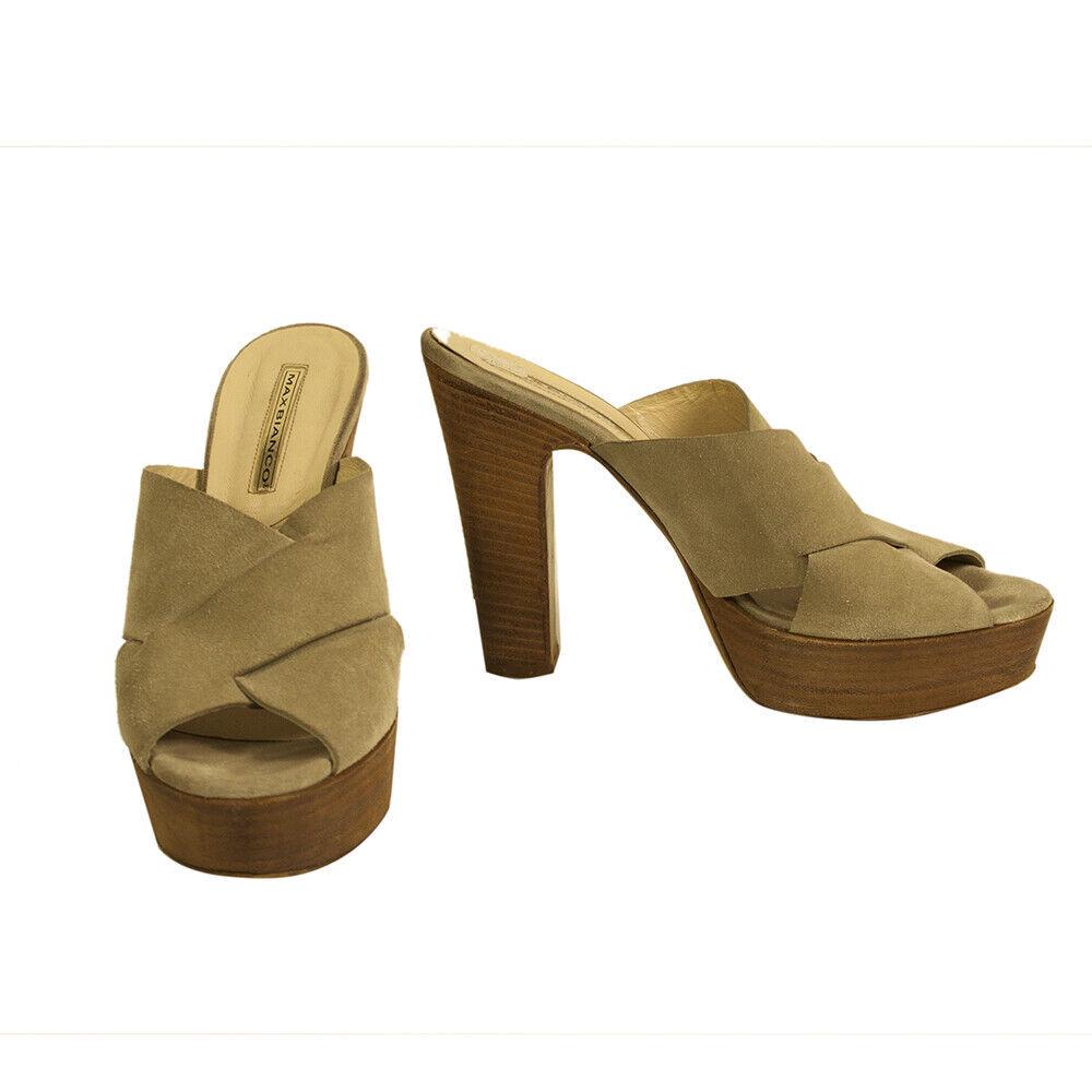 Max Bianco Taupe Suede wooden heel sandals Slides Heels Mules Shoes size 40: Max Bianco Taupe Suede wooden heel sandals Slides Heels Mules Shoes size 40 Max Bianco presents these beautiful heels! Sassy and unique, these wonderful slides can enhance any style when going out on