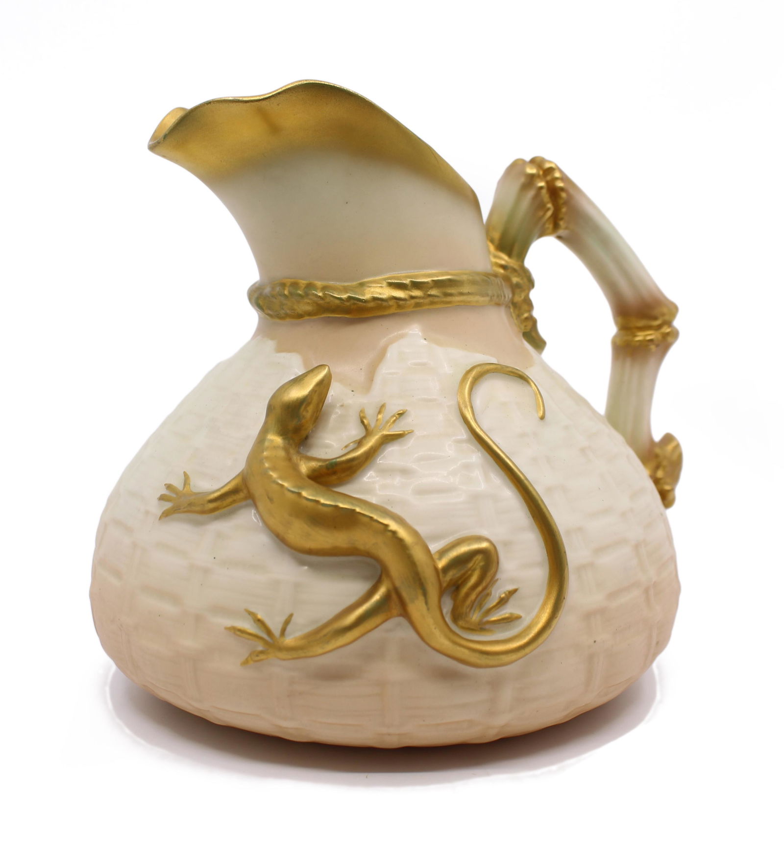 Royal Worcester Blush Pattern 1714 Lizard Jug 1930: Royal Worcester Blush Pattern 1714 Jug 1930 Royal Worcester, Made in England Lovely quality. Gilded salamander to the body Royal Worcester puce backstamp with date code for 1930 Measures 17 x 15 x 15