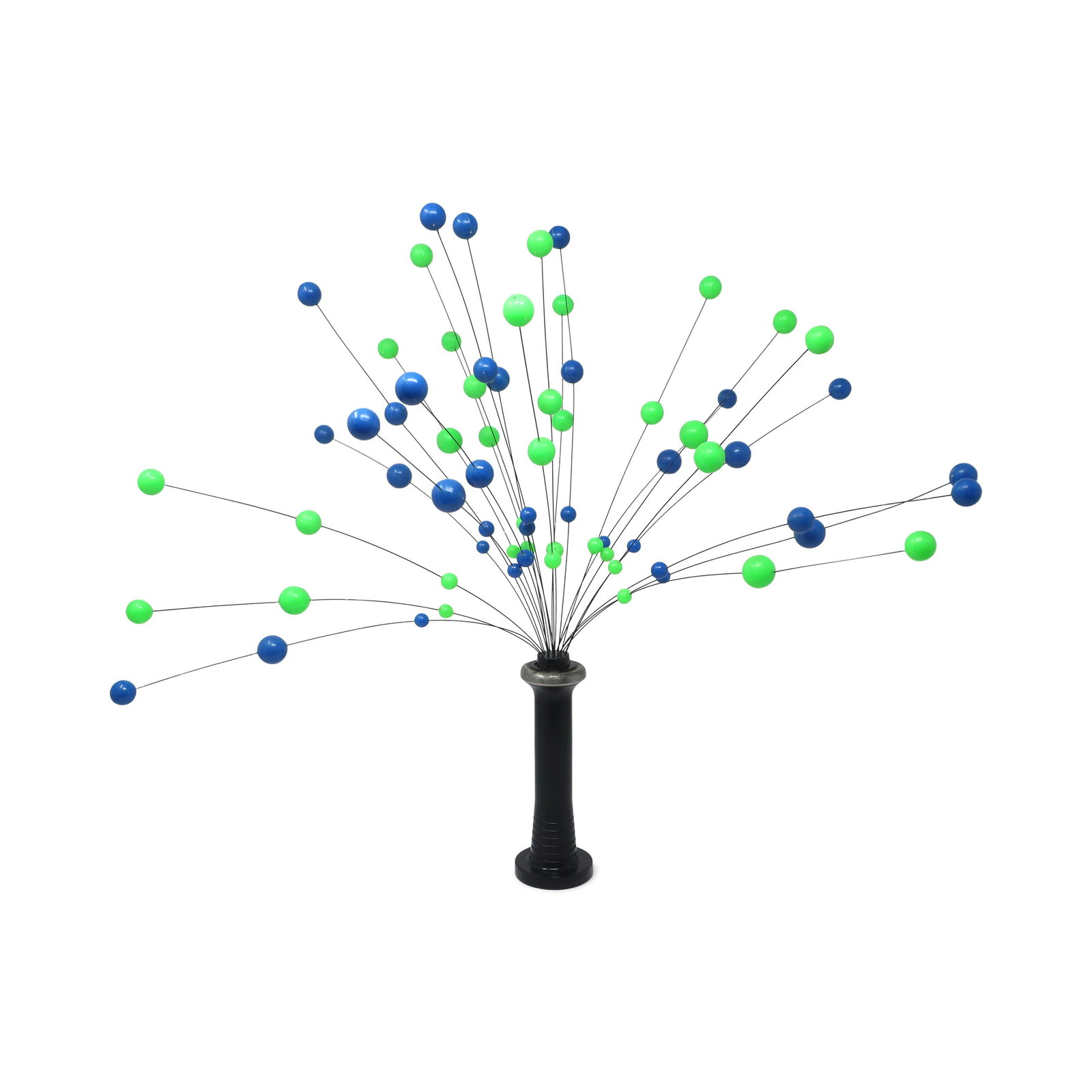 1960s Danish Modern Blue and Green Kinetic Ball Sculpture: A vintage kinetic ball sculpture in the style of Laurids Lonborg, a Danish housewares and decorative objects powerhouse. Black metal base and stem, silver metal wires, and green and blue colored balls