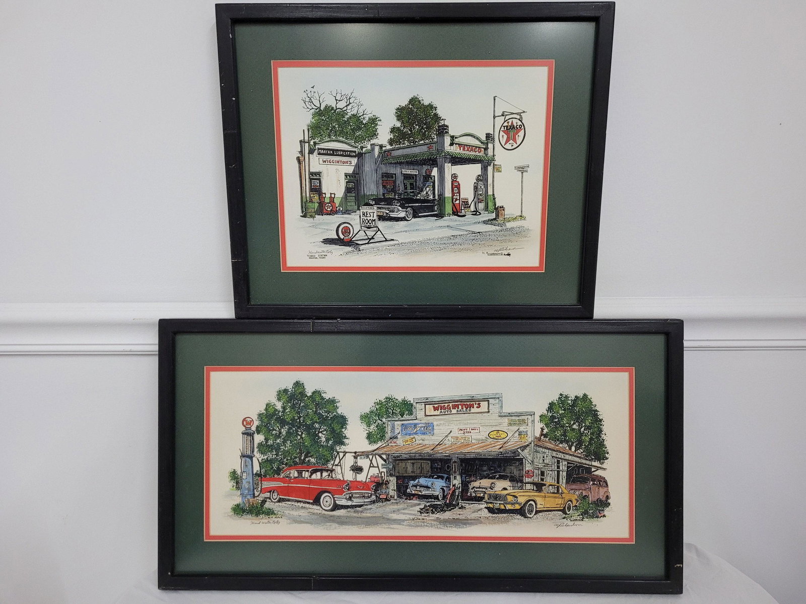 Vintage Houston Wigginton Hand Water Color Print Signed Texaco Gas Station Antique Cars Vintage Shop: Vintage from the 1990s Materials: glass, wood Width: 12.5 inches Height: 24 inches Description Vintage Houston Wigginton Hand Water Color Print Signed Texaco Gas Station Antique Cars Shop Man Cave In