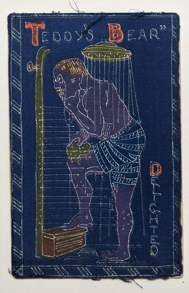 1907 POLITICAL CARTOON ART PRINTED on SILK, PRESIDENT TEDDY ROOSEVELT in SHOWER (1 of 2)