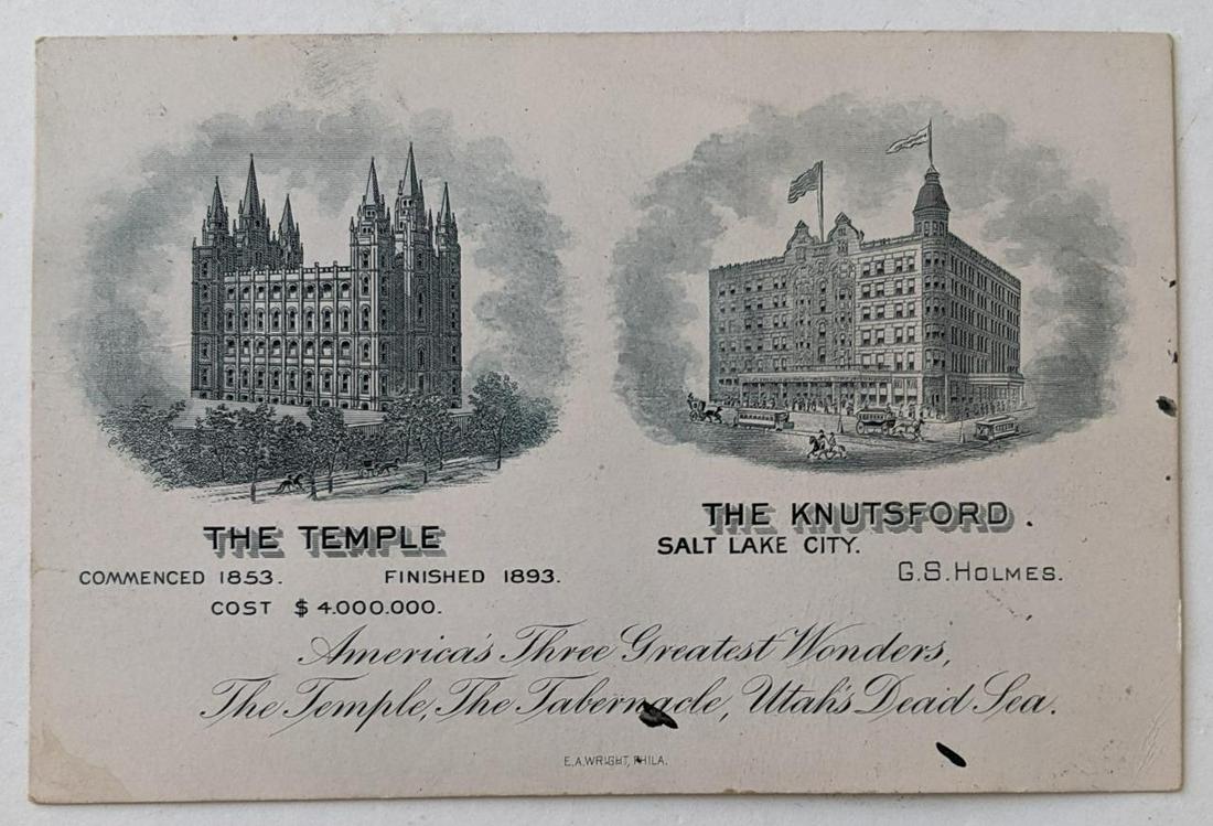 ca.1893 SALT LAKE CITY TRADE CARD MORMON TEMPLE, THE KNUTSFORD HOTEL Illustrated (1 of 2)