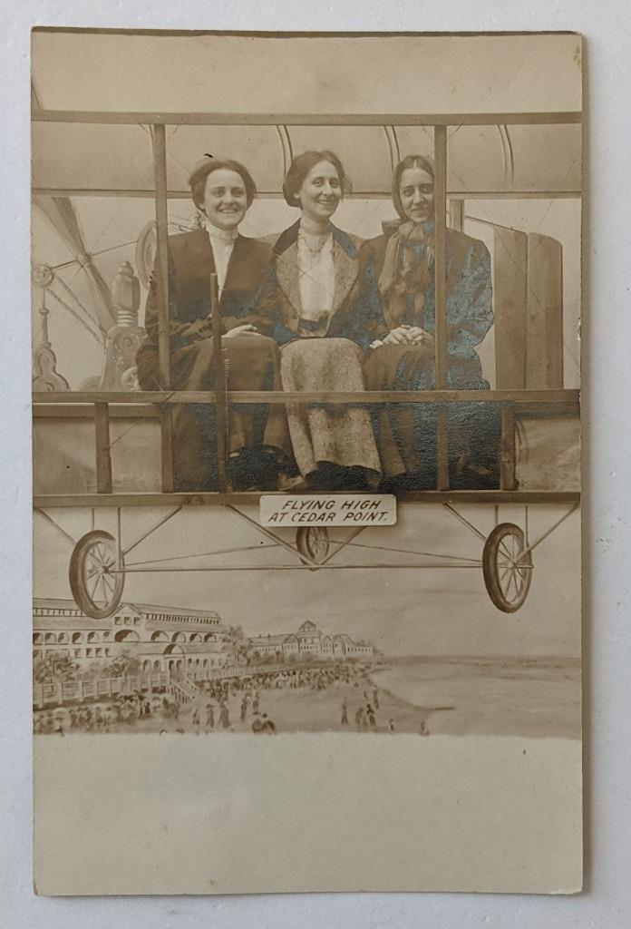 VINTAGE STUDIO REAL PHOTO POSTCARD CEDAR POINT OH SOUVENIR LADIES in AIRPLANE (1 of 2)