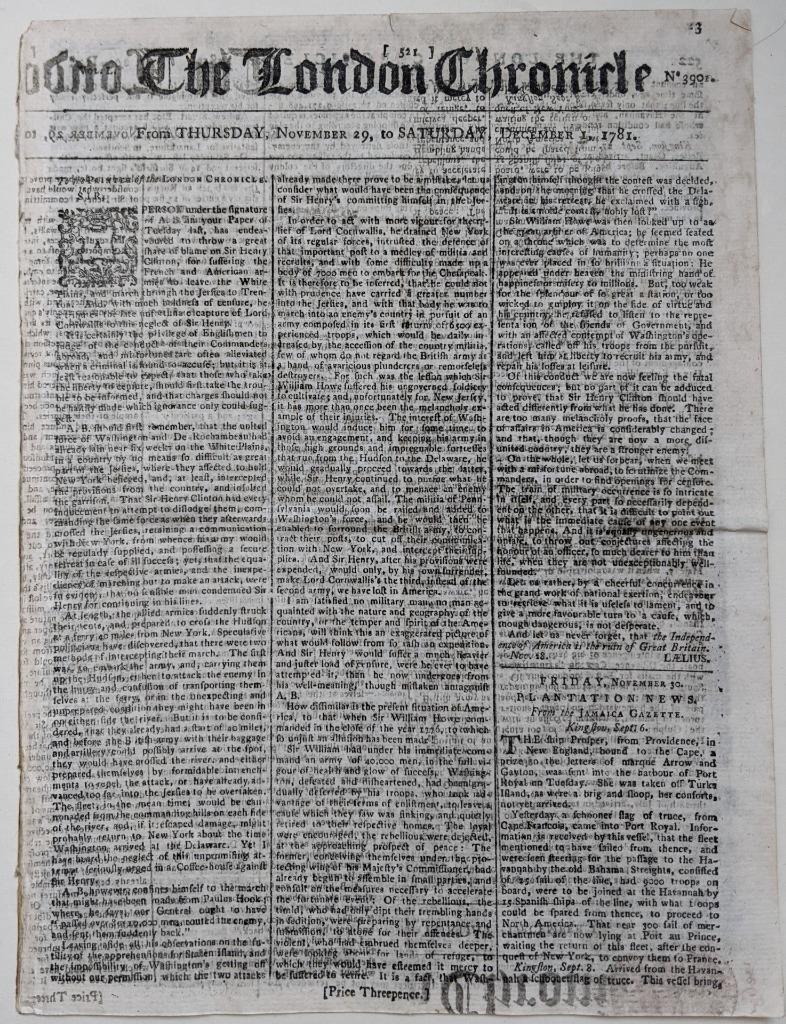 RARE REVOLUTIONARY WAR ERA DEC. 1, 1781 THE LONDON CHRONICLE NEWSPAPER ENGLAND (1 of 6)