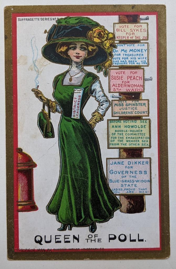 POLITICAL POSTCARD WOMENS SUFFRAGETTE SUFFRAGE WOMEN RIGHT TO VOTE QUEEN of POLL (1 of 2)