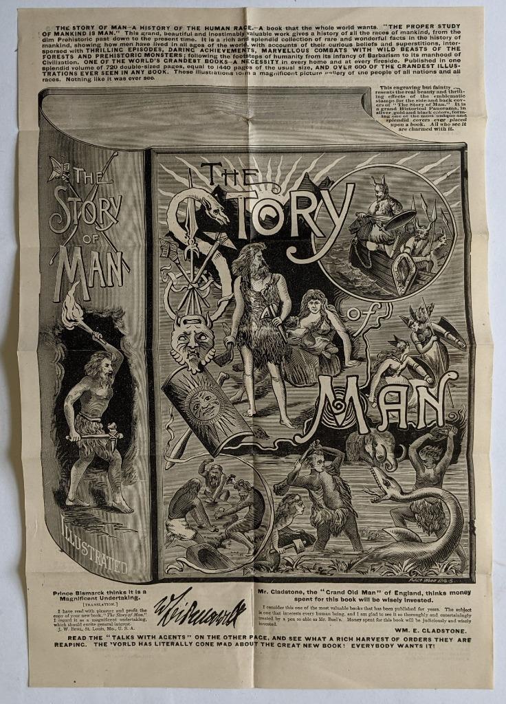 c 1890 THE STORY OF MAN by J W BUEL, GREAT ILLUSTRATED ADVERTISEMENT BROADSIDE (1 of 2)