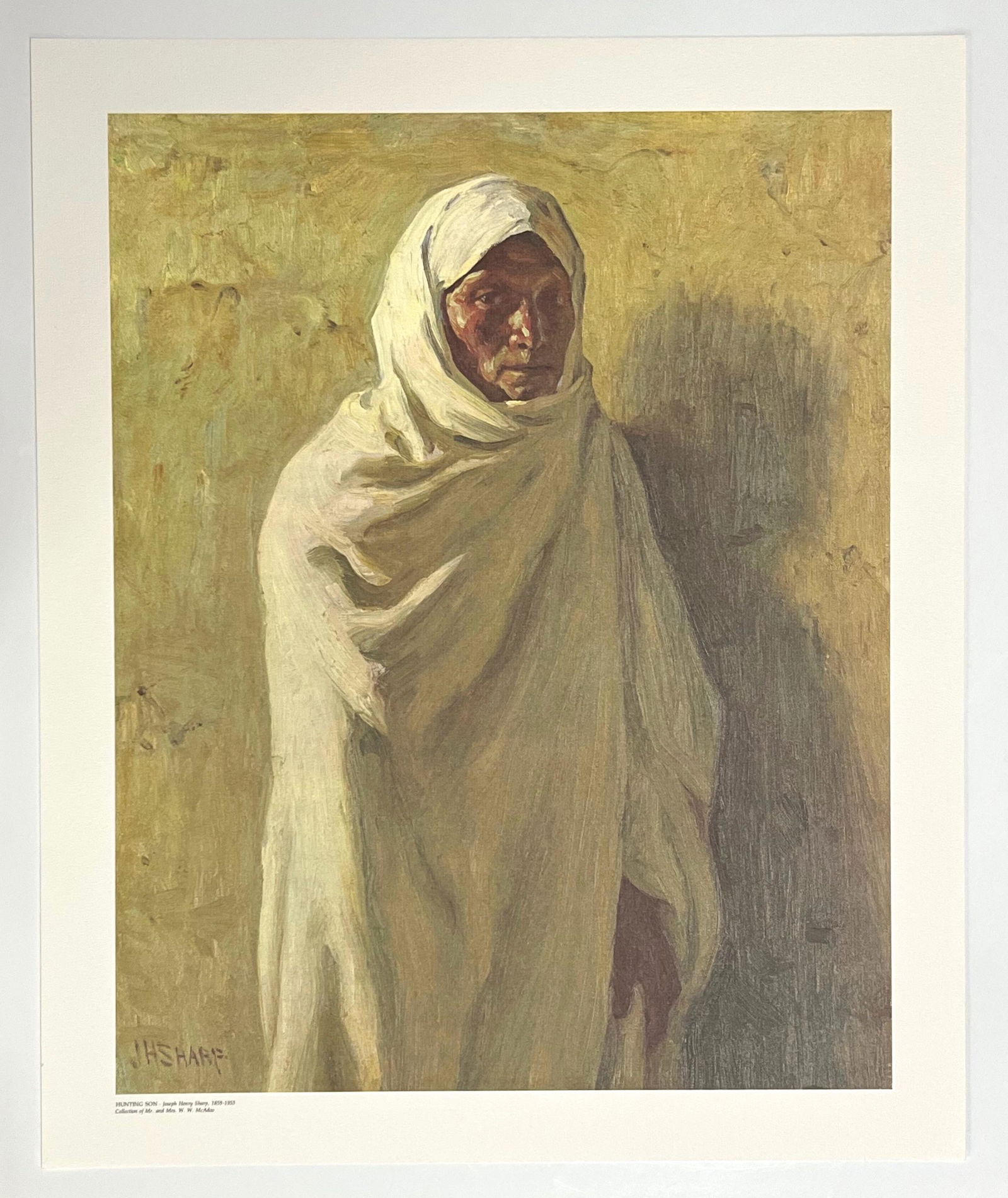 Joseph Henry Sharp "Hunting Son" | Taos Society: Medium: offset lithograph (after the painting). Printed c. 1970 for the Taos Society of Artists portfolio. Size: 23 x 19 inches (580 x 480 mm). Signed in the plate (not by hand). Reserve: $60.00 Shipp