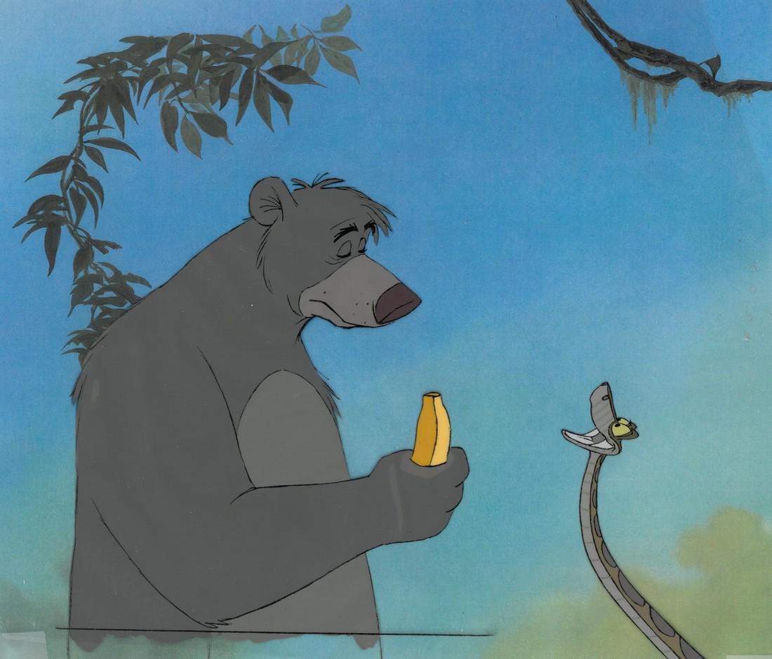 Jungle Book (1967) Baloo and Kaa Production Cel Image Walt Disney: The Jungle Book Baloo and Kaa Production Cel (Walt Disney, 1967). Presented is a fantastic hand-painted production cel. The hand-painted characters measure 6 ¾" x 9." on a 12 field cel. On a prin