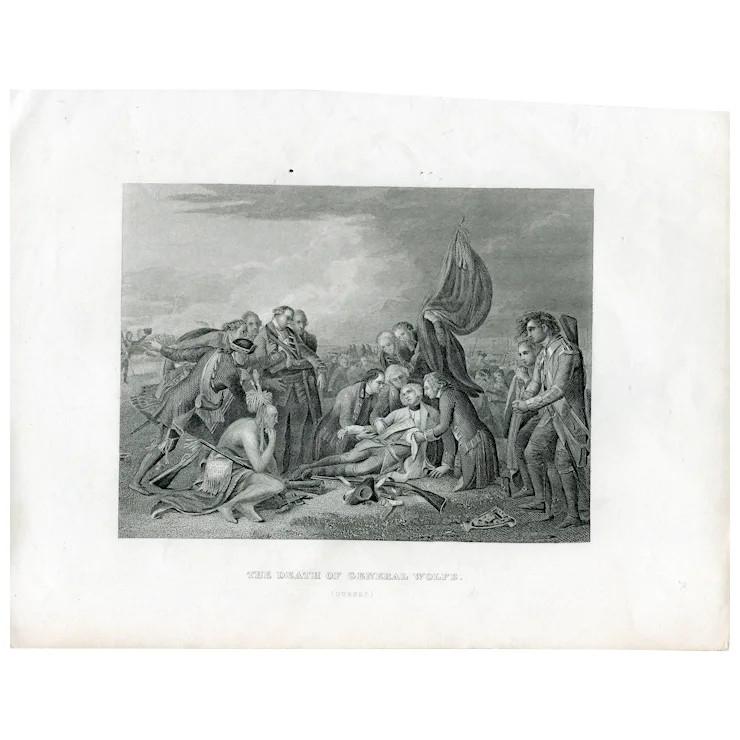 The death of General Wolfe - Battle of Quebec - after Benjamin West: The death of General Wolfe in the Battle of Quebec, after Benjamin West (1738-1738). Size: 27,7x20,7 cms. Condition: Good. Some tears on margings. There is some smudging or imperfections mostly to the