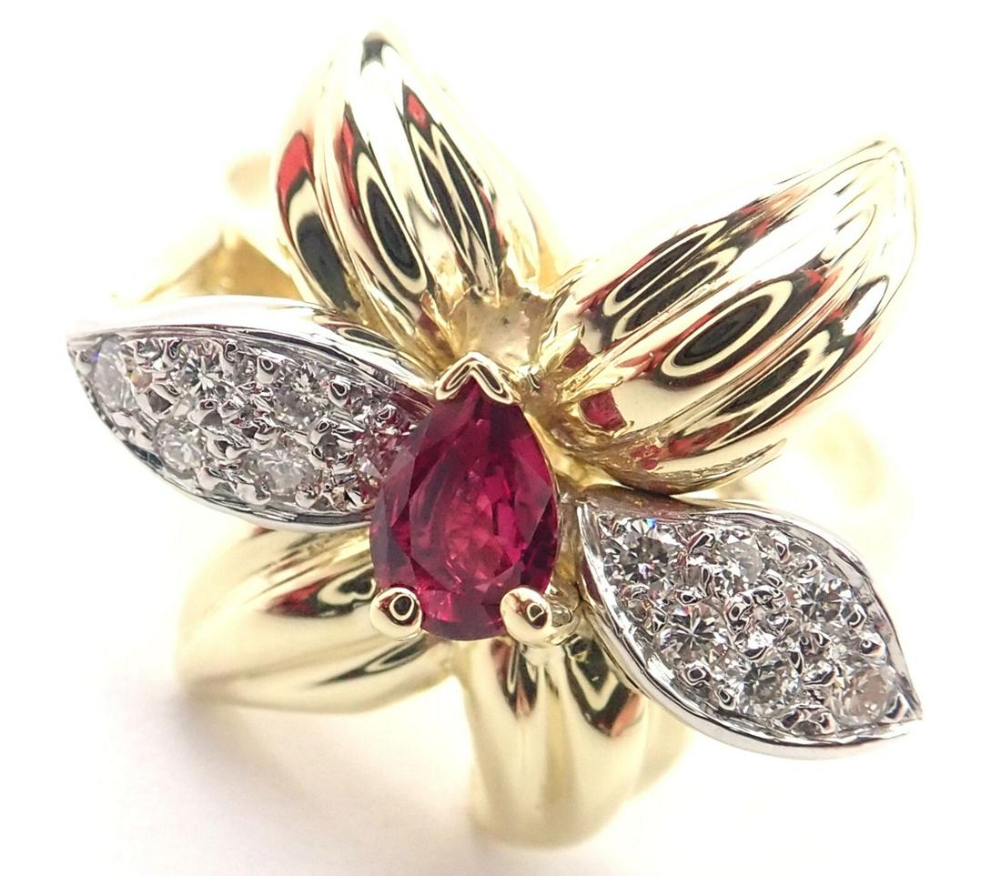 Rare! Authentic Tiffany & Co 18k Yellow Gold Diamond Ruby Flower Ring (1 of 9)