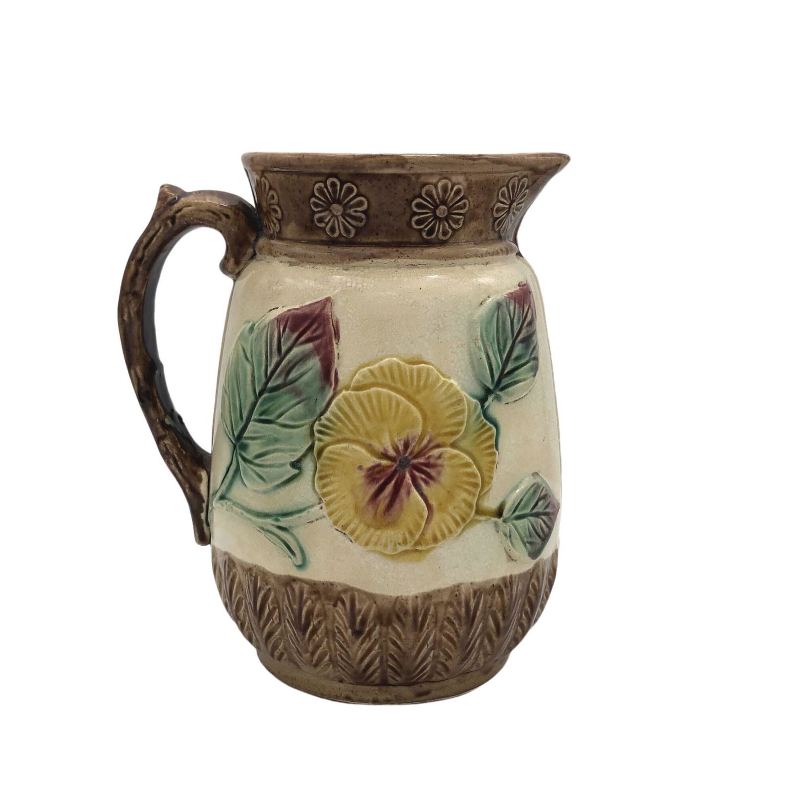 Majolica Antique by Wardle | Yellow Pansy Water Jug / Pitcher w/ Leaves, 'Wood-Style' handle, (1 of 3)