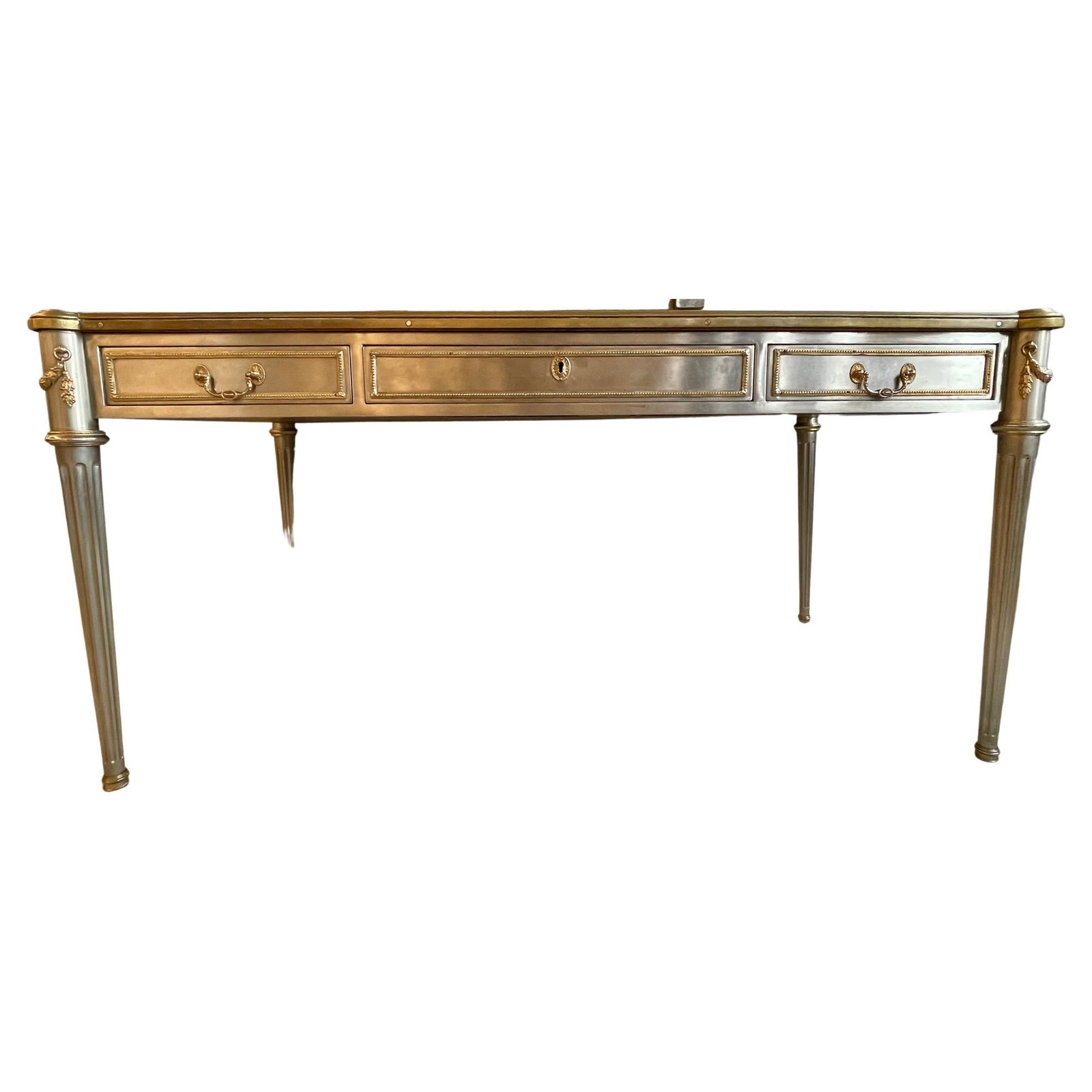 John Vesey Mid-Century Modern Desk or Bureau plat, Steel and Bronze: Mid-Century Modern bronze and steel writing desk, or bureau plat designed by John Vesey (American 1924-1992). Made in the grand neoclassical French Louis XVI taste featuring Steel construction over wo