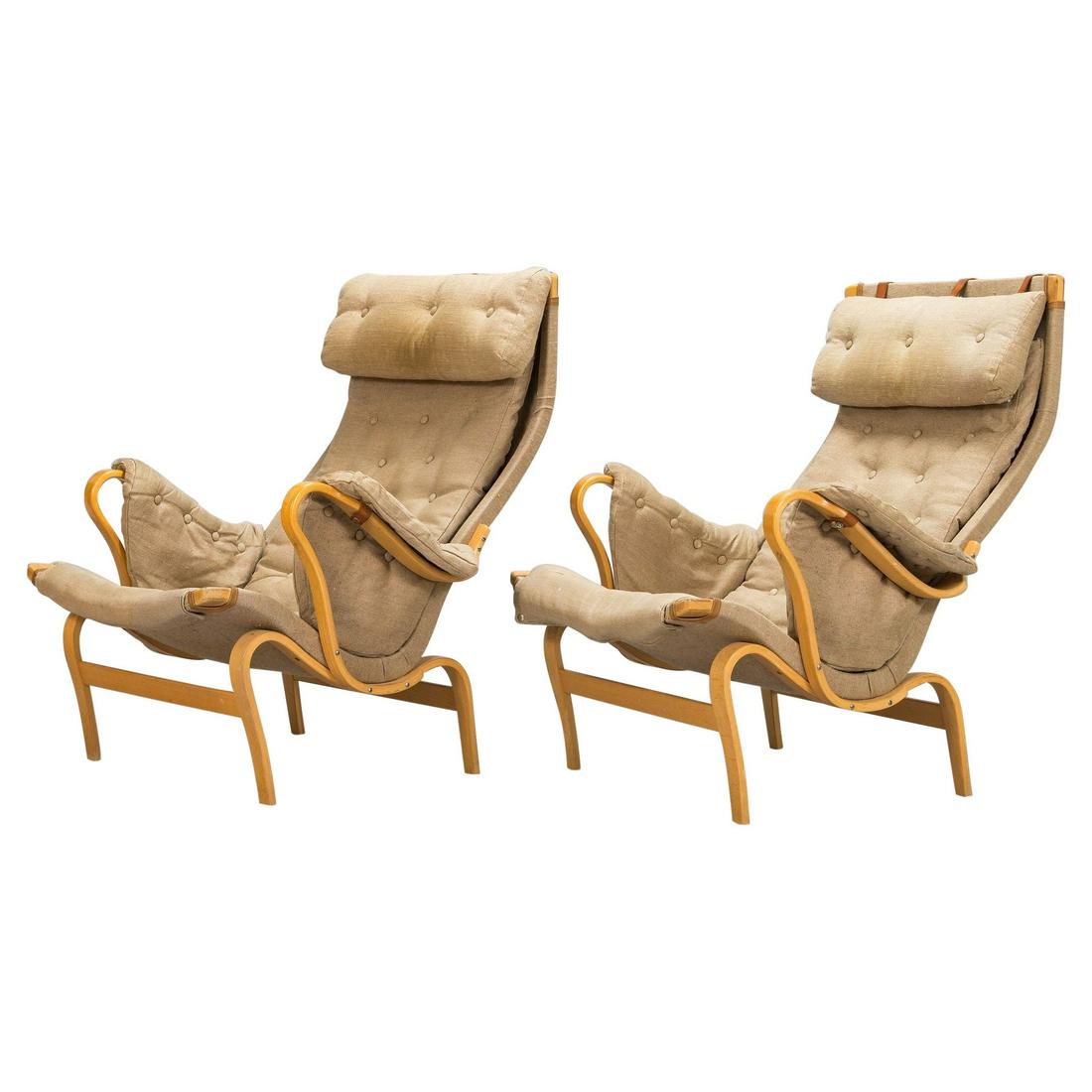 Pair Mid-Century Modern Pernilla Arm / Lounge Chairs by Bruno Mathsson, Denmark: Pair Mid-Century Modern pernilla arm / lounge chairs by Bruno Mathsson, Denmark Pair of Mid-Century Modern Lounge Chairs by Bruno Mathsson. Pair of 'Pernilla' easy chairs by Dux, late 20th Century. Th