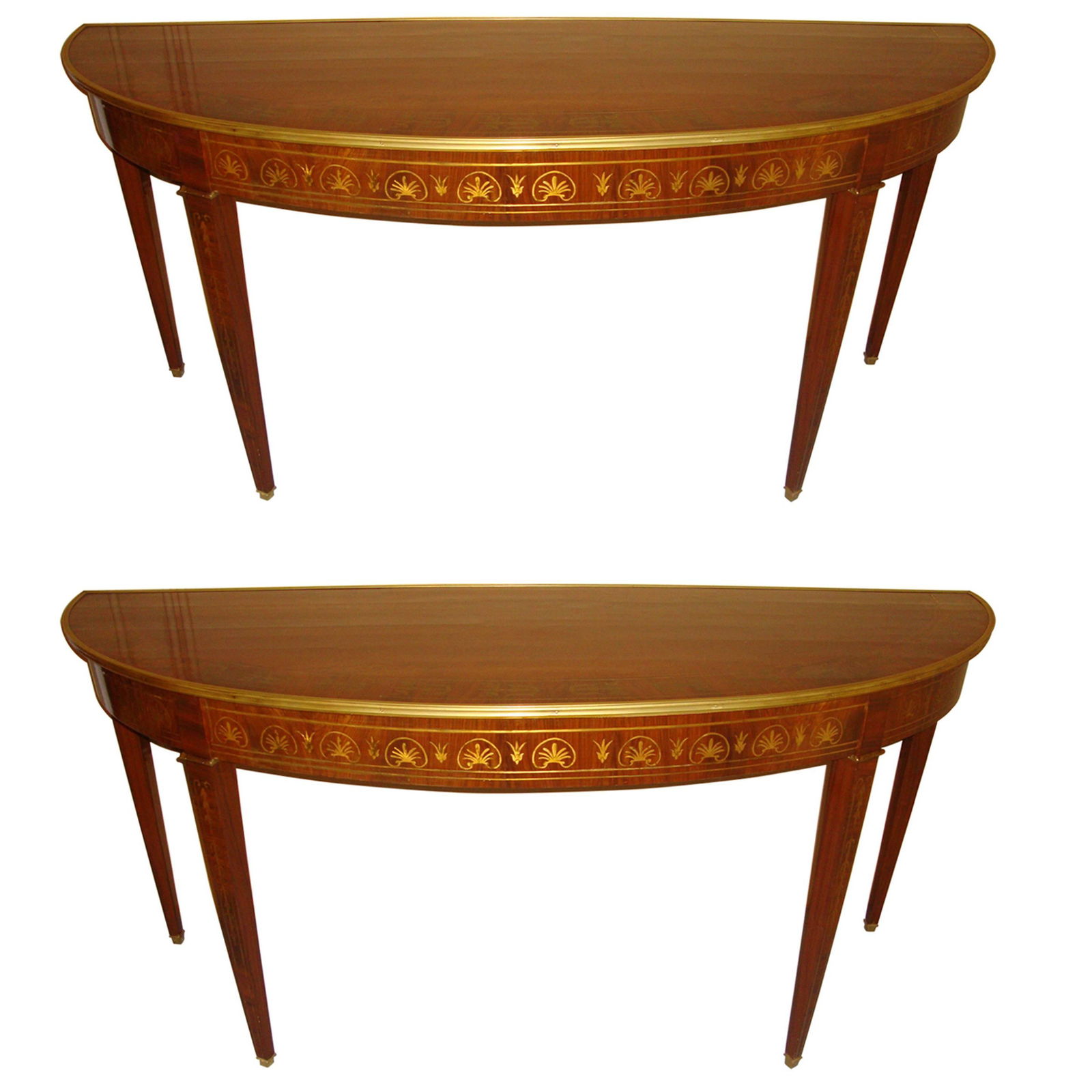 Pair of Monumental Boule Inlaid Demilune Console Tables: Pair of monumental boule inlaid demilune console tables. These finely inlaid with brass design demilunes are simple and stylish. Depicting that Neoclassical style that made designers such as Maison Ja