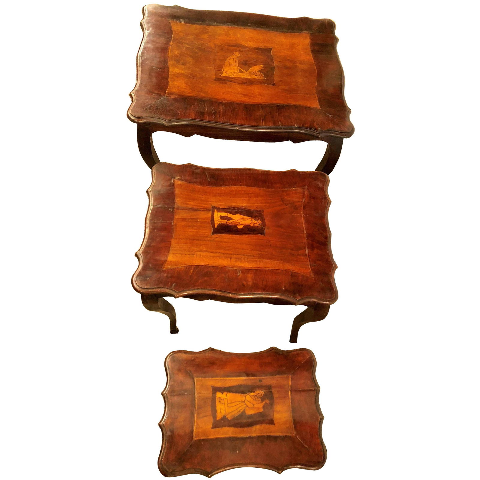Italian 19th Century Antique Nest of Three Stack Tables: Italian 19th Century Antique Nest Of Three Stack Tables Dimensions for Largest Table : 24.3 H 27.6 W 22.6 D Dimensions for smallest Table : 17.75 H 15.75 W 11.38 D Dimensions: Height: 24.3 in (61.73 c