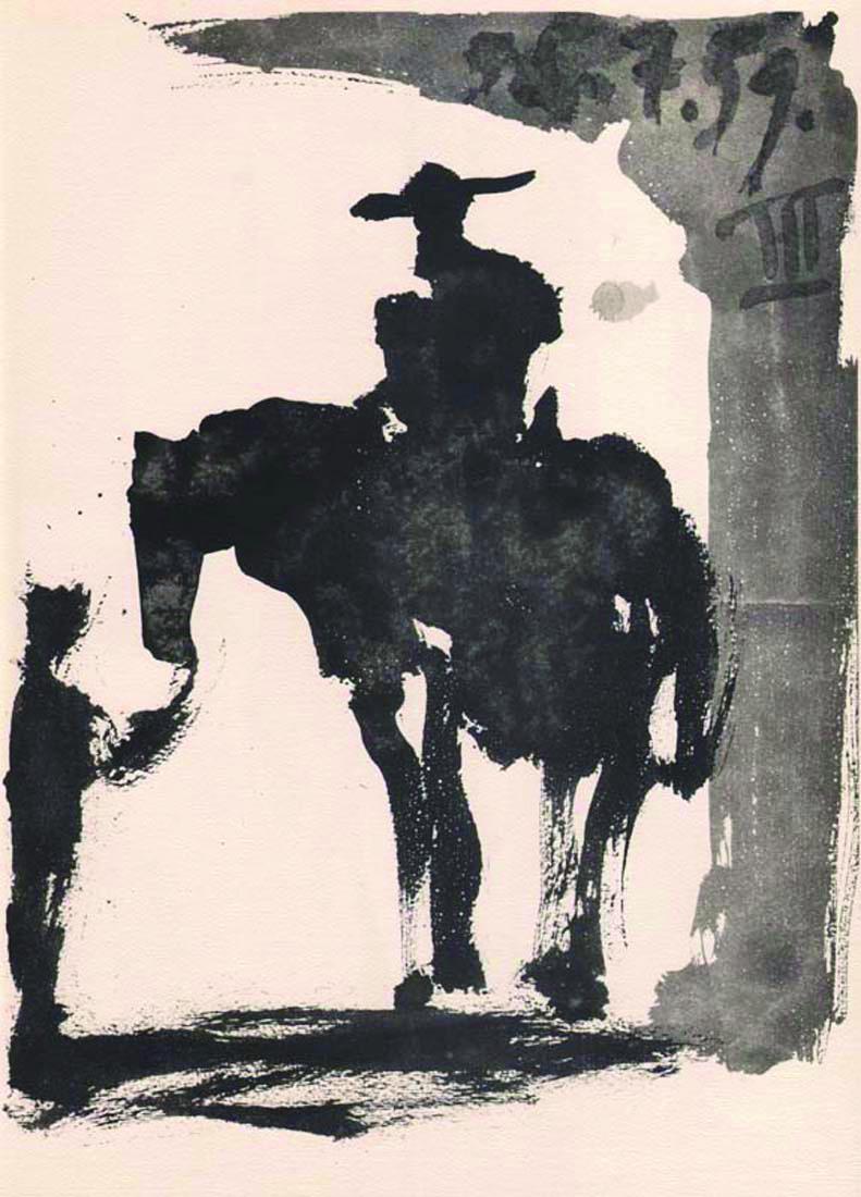 Pablo Picasso Toros y Toreros 3 dated 5/7/59: Artist: Pablo Picasso - County: Spain - Title: Toros y Toreros 3 dated 5/7/59 - Medium: Bichromie - Paper size: On vellum 14.75 x 10.50 inch - Publisher: 1961 by Editions Cercle d'art, France - Proven
