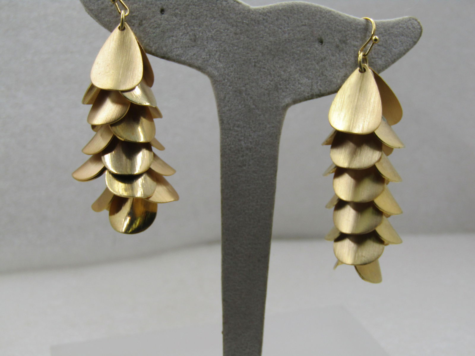 Vintage Stacked Gold Petals Dangle Earrings, Pierced 2.5", 1960's-1980's (1 of 4)