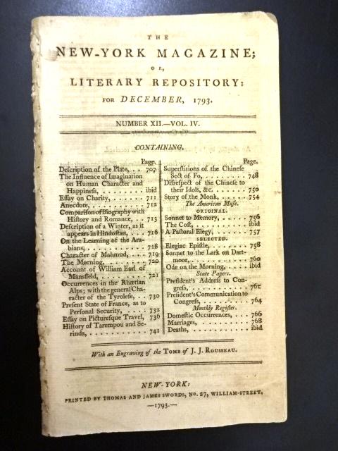 1793 New York Magazine China Hindostan: The New York Magazine or Literary Repository for December 1793., printed by Thomas and James Swords, 56 pages, Contains two interesting articles on China including the Chinese sect Fo and also descrip