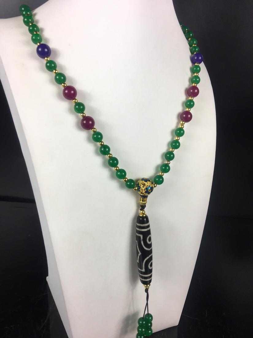 Natural Imperial Green Jadeite Three-eyed Dzi Bead Necklace (1 of 8)