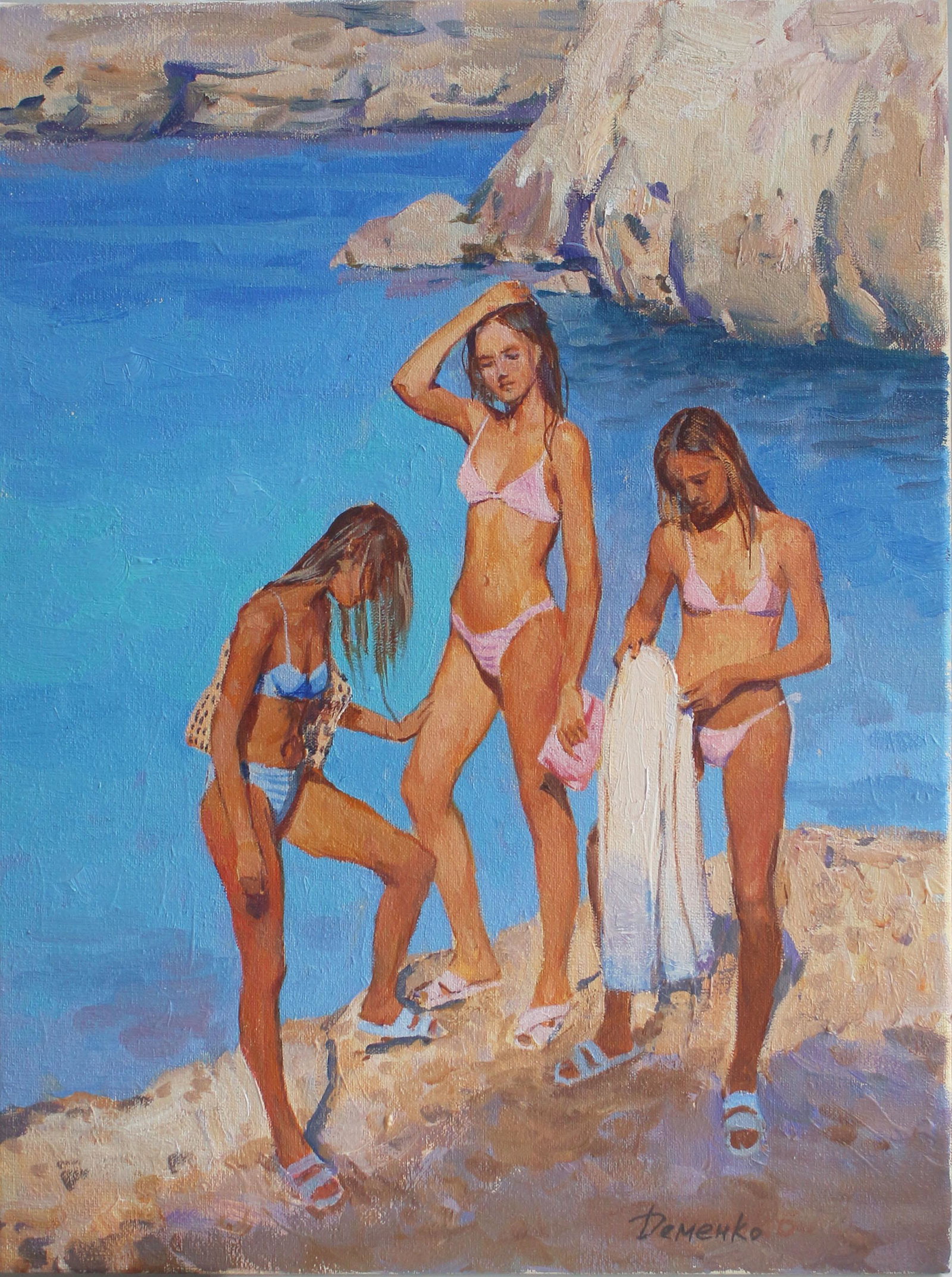 Demenko Anatoly - Girls on the beach: Artist/Title: Demenko Anatoly - Girls on the beach Date: 2023 Medium: oil on canvas Dimensions: 40 x 30 cm Additional Information: Ukrainian famous artist, participant of exhibitions in Ukraine and Gr