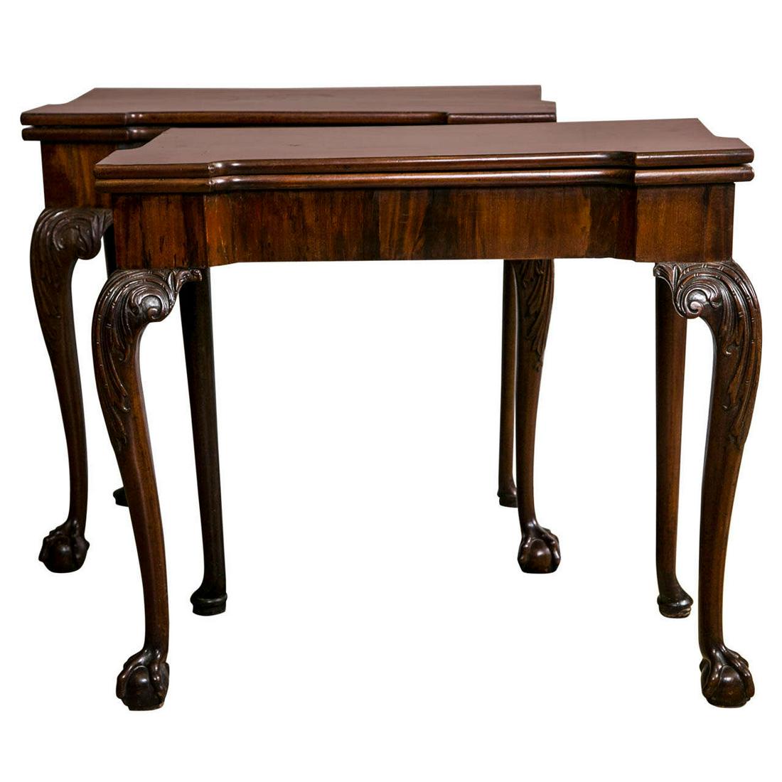 Compatible Pair Signed English George II Card Tea Tables Finely Carved Flip Tops: A spectacular pair of signed English George II card / game tables. The finely carved ball and claw feet leading to a carved cabriole leg supporting a boxed form apron. Both with fine mahogany flip top