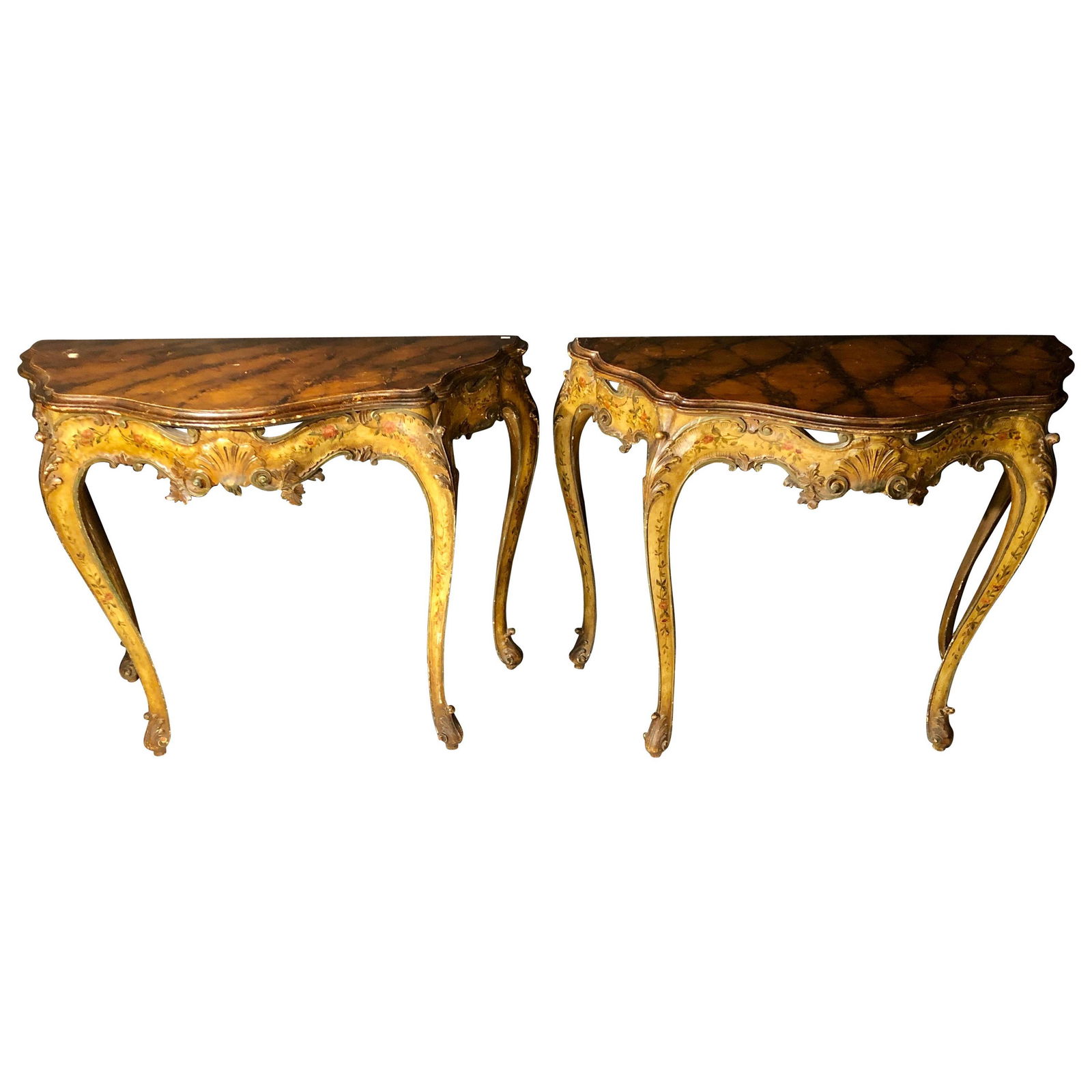Pair of Console / Sofa Tables Italian Paint Decorated Bases on Faux Marble Top: Pair of console table Italian paint decorated bases on faux marble top. This stunning pair of late 19th-early 20th century console tables have serpentine form in the Louis XV style with floral painted