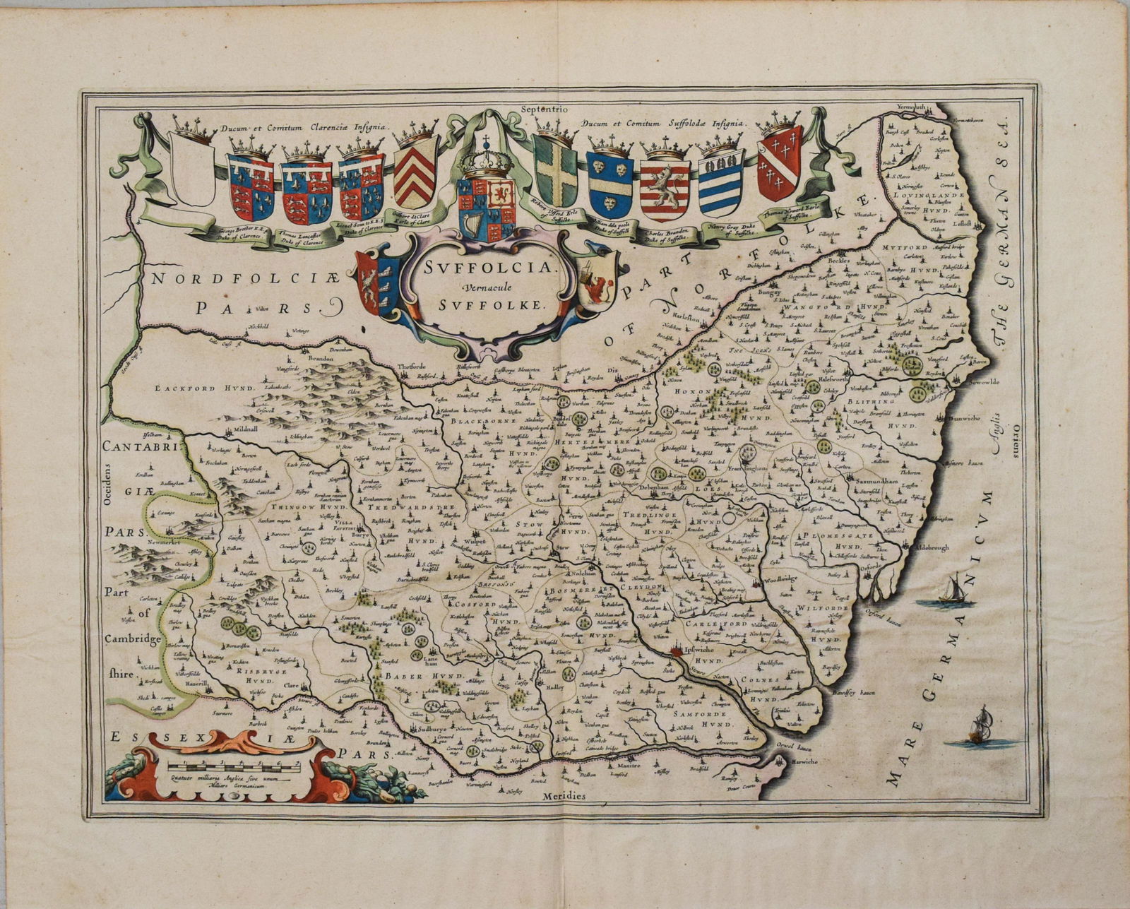 1646 Blaeu Map of Suffolk -- Suffolcia. Vernacule Suffolke (1 of 1)
