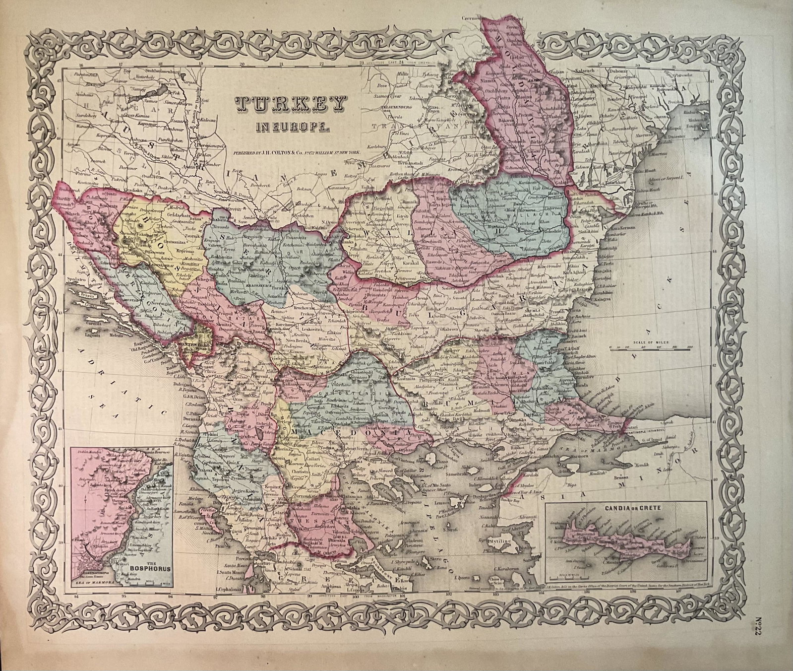 1859 Balkans, by Colton: Title: 1859 Balkans, by Colton Date/Period: 1859 Materials: Steel engraved Size: 17 1/2 x 14 1/2” Ottoman Empire in Europe included are Walachia region of Romania, Bulgaria, Moldavia, Serbia, Bo