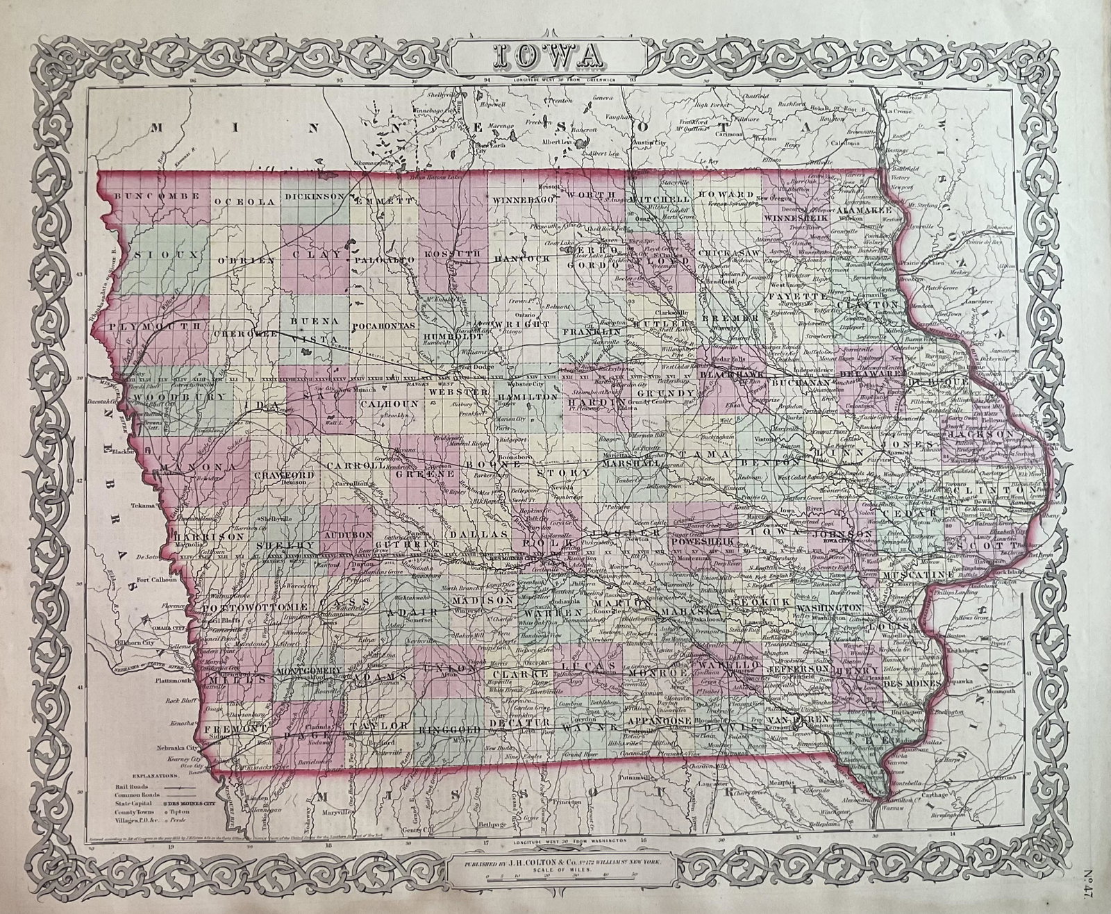 1859 Iowa by Colton: Title: 1859 Iowa by Colton Date/Period: 1859 Materials: Steel engraved Size: 17 1/2 x 14 1/2” Iowa. By J. H. Colton & G. W. Colton. From "General Atlas". Published in New York. Hand-colored, ste