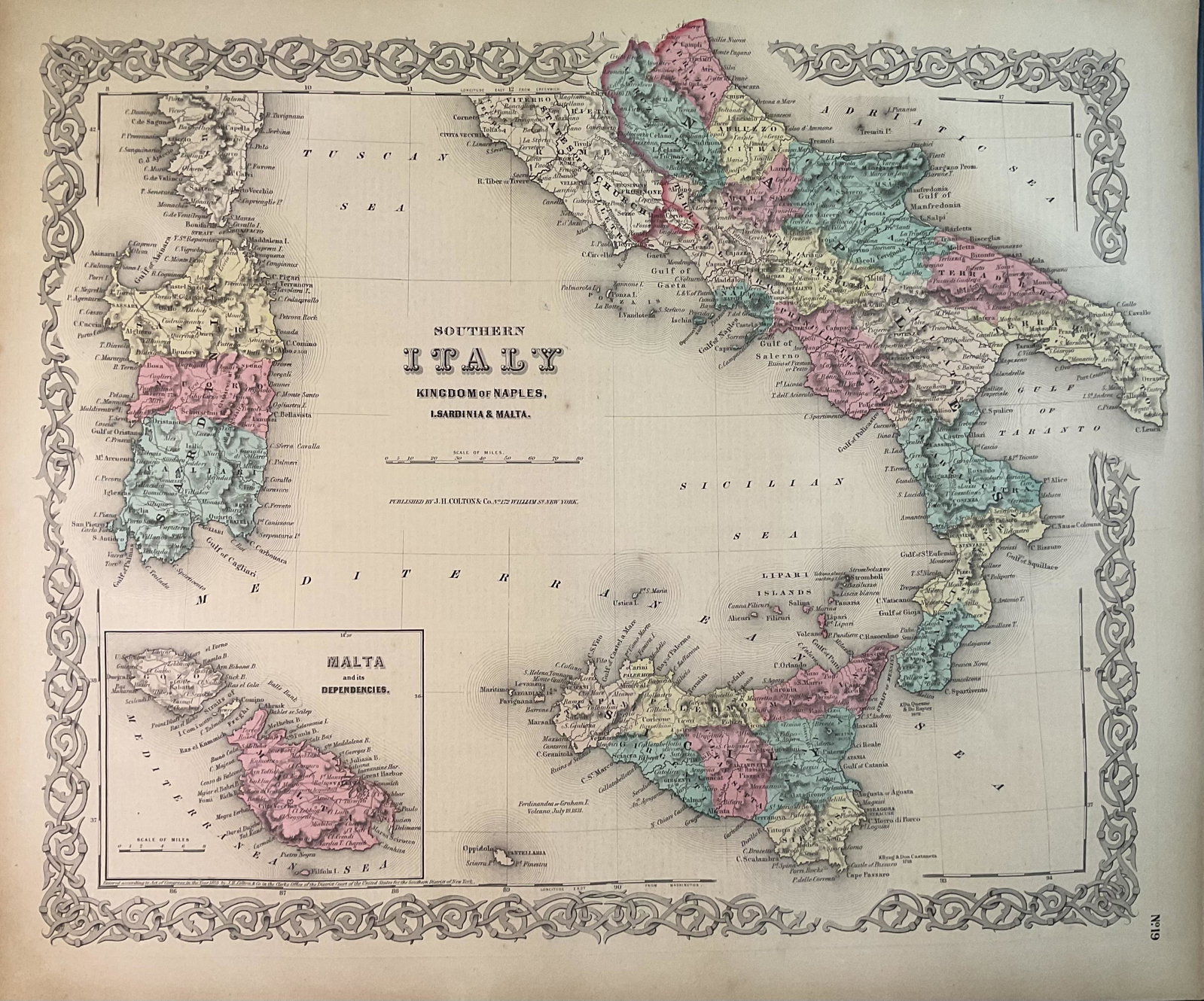 1859 Southern Italy with Malta by Colton: Title: 1859 Southern Italy with Malta by Colton Date/Period: 1859 Materials: Steel engraved Size: 17 1/2 x 14 1/2” Southern Italy with Sicily and Sardinia, pre-unification. Malta insert. 1859. B