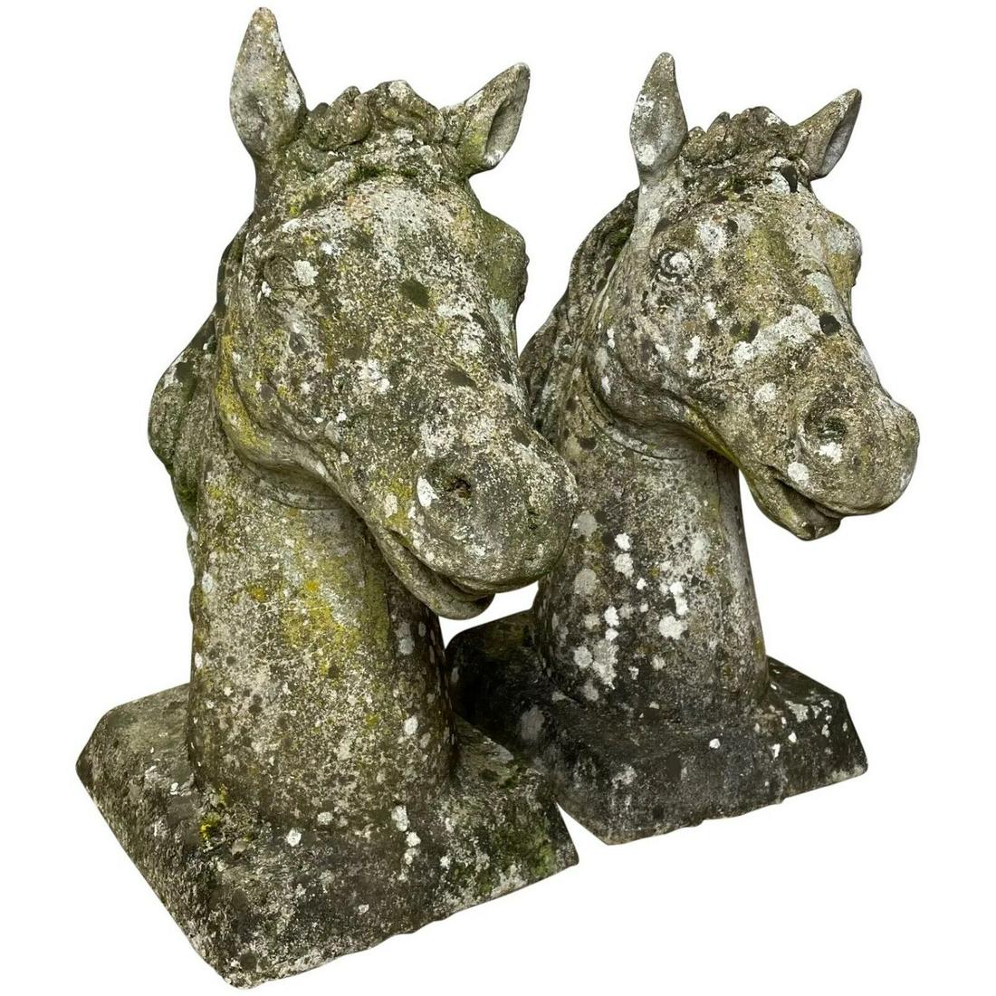 Pair Bay Hunter Horse Head Busts Garden Stone Entrance Gate Capping Statues (1 of 19)