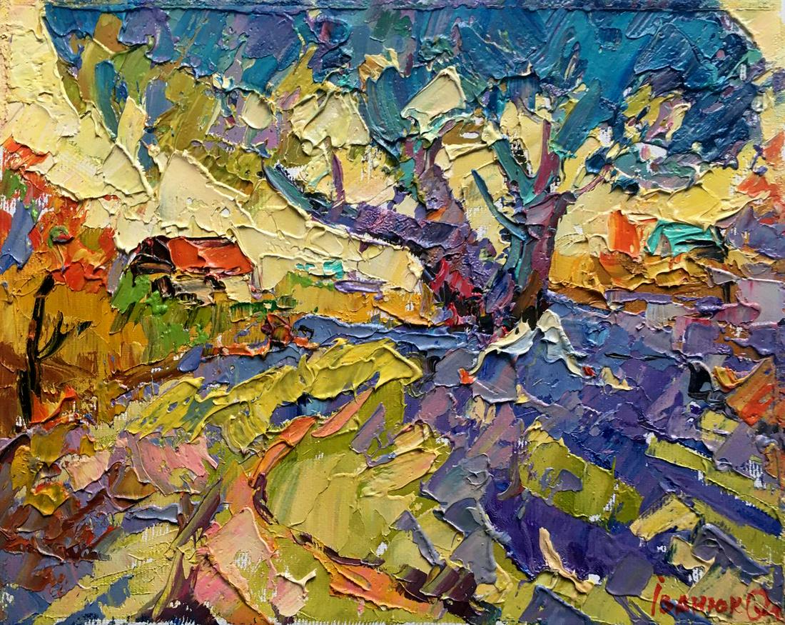 Oil painting In the shade of a tree Kalenyuk Alex: №AAA2602 *** ABOUT THIS PAINTING *** * TITLE: "In the shade of a tree" * ARTISTS: Kalenyuk Alex * SIZE: 20x25 cm/'7.87x9.84 inches' * MEDIUM: oil, canvas * HAND PAINTED: Original painting from o
