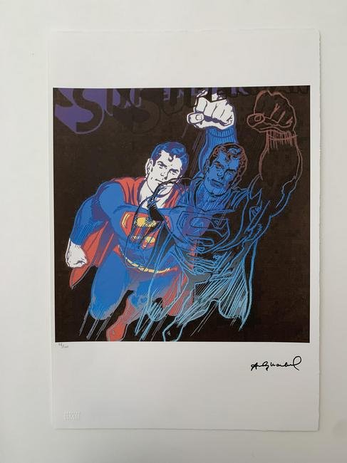 After Superman: Andy Warhol Est. $110-$150: Title: SupermanArtist: Andy WarholAdditional Information: Â© Andy Warhol LTD FoundationPublisher: Arches France InfinityDimensions: 38x57Description: Author: Andy WarholPencil of the: Andy WarholTec