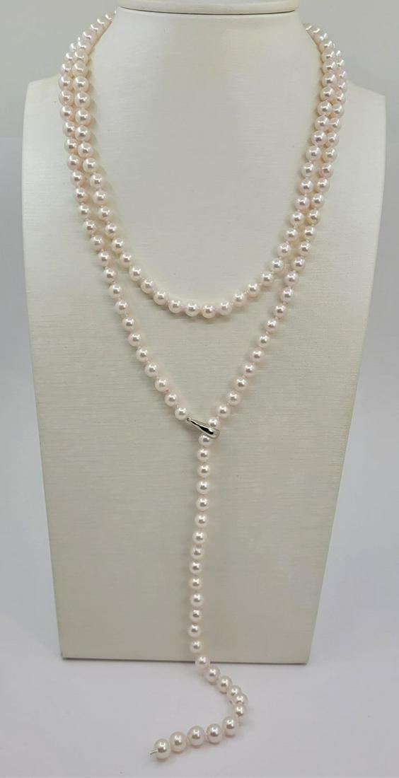 6x7mm Bright Akoya pearls - Necklace: Title: 6x7mm Bright Akoya pearls - Necklace Description: Enjoy the style of the roaring twenties with this rope length necklace of Akoya pearls, a saltwater pearl admired for its white colour with a r