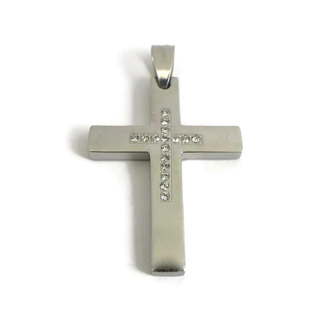 CZ Cross Religious Necklace Pendant in Stainless Steel, 6.99 Grams (1 of 6)