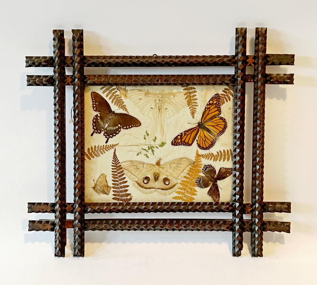 Tramp Art Frame with Mounted Butterflies (1 of 3)