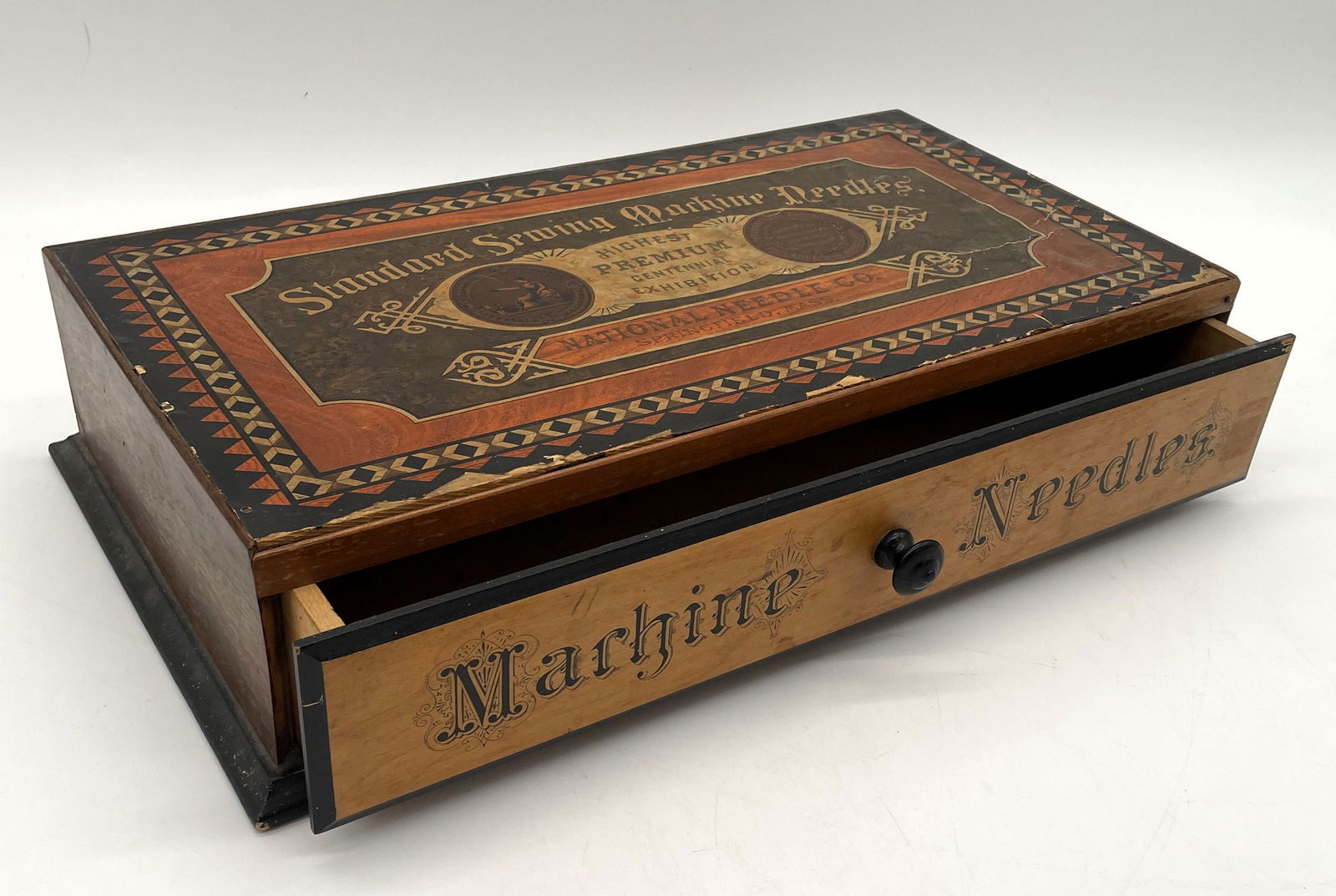RARE ANTIQUE NATIONAL NEEDLE CO. CENTENNIAL EXHIBITION WOODEN SEWING NEEDLE BOX (1 of 8)