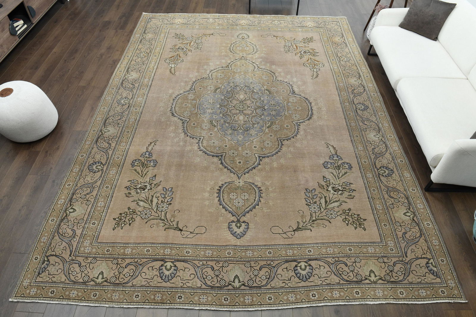9x13 Original Oushak Turkish Antique Handwoven Rug: Title: 9x13 Original Oushak Turkish Antique Handwoven Rug Origin: Turkey Date/Period: 1960 - 1970 Dimension: Width: 9.5 feet Length: 12.9 feet Materials: Wool and Cotton Description: This Turkish one-