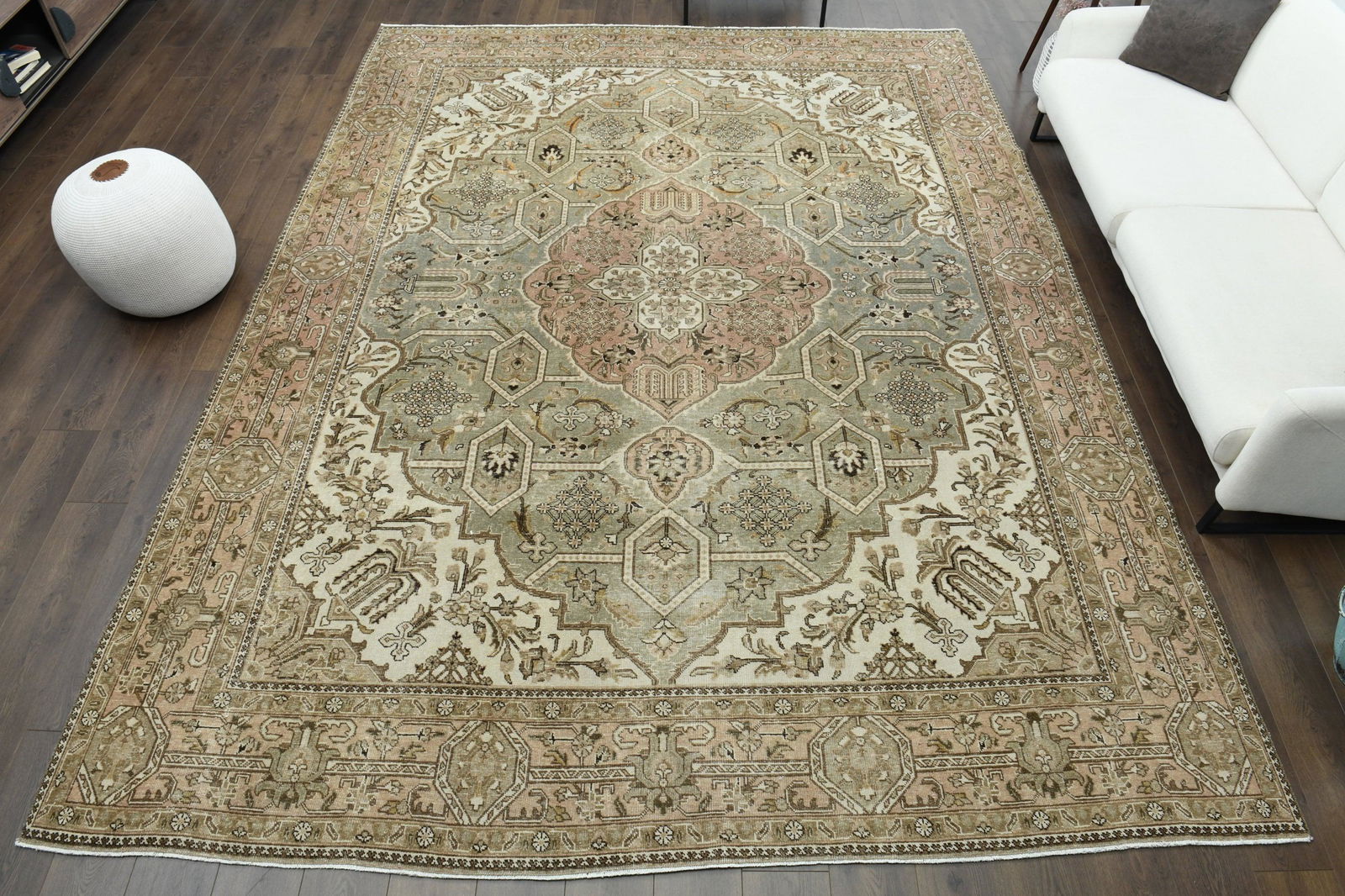 9x13 Original Oushak Turkish Antique Handwoven Rug: Title: 9x13 Original Oushak Turkish Antique Handwoven Rug Origin: Turkey Date/Period: 1960 - 1970 Dimension: Width: 9.5 feet Length: 12.6 feet Materials: Wool and Cotton Description: This Turkish one-