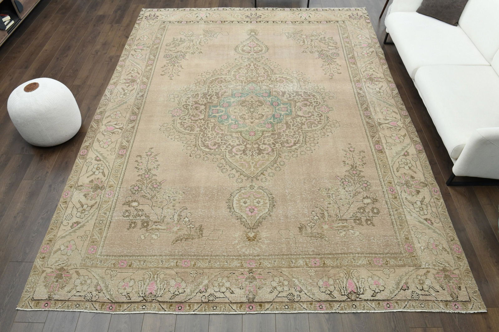 Original Oushak Turkish Antique Handwoven Rug: Title: Original Oushak Turkish Antique Handwoven Rug Origin: Turkey Date/Period: 1960 - 1970 Dimension: Width: 9.3 feet Length: 12.3 feet Materials: Wool and Cotton Description: This Turkish one-of-a-