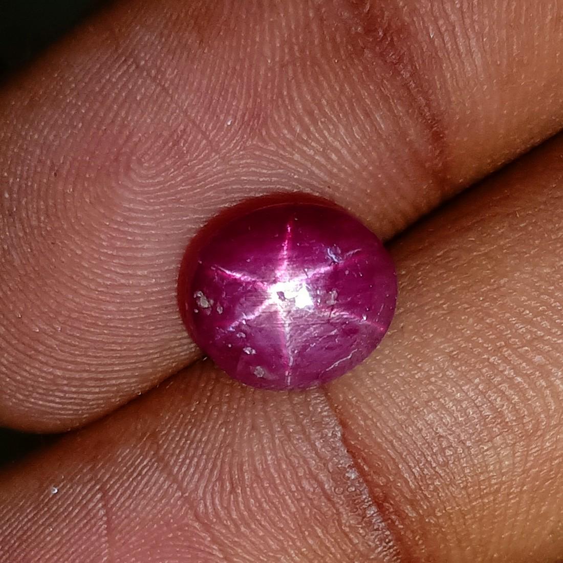 4.85 Ctw Natural Six Line Red Star Ruby Oval Cab: No Reserve! Title: 4.85 Ctw Natural Six Line Red Star Ruby Oval Cab Stone Clarity: Opaque Gemstones: Natural Star Ruby Carat Weights: 4.85 Size/Dimensions: 9.50 x 8.20 x 5.70 mm Additional Information